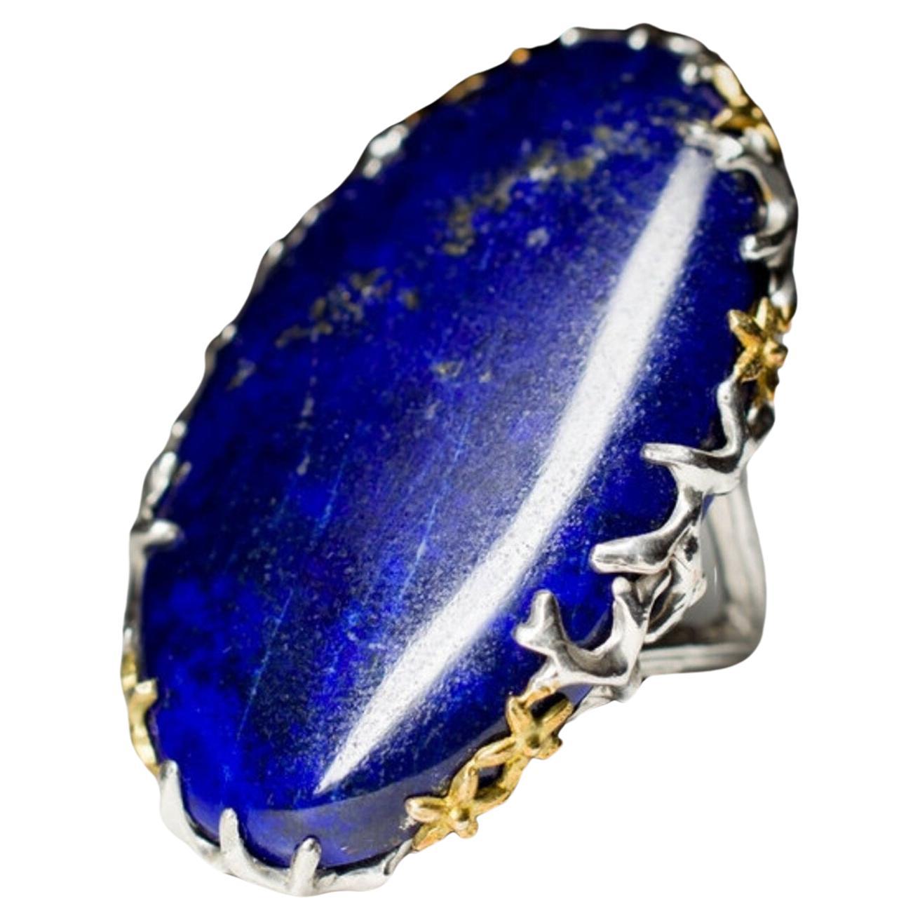 Großer Lapislazuli Silber Ring Natürlicher Blauer Edelstein Feiner Unisex-Schmuck LOTR