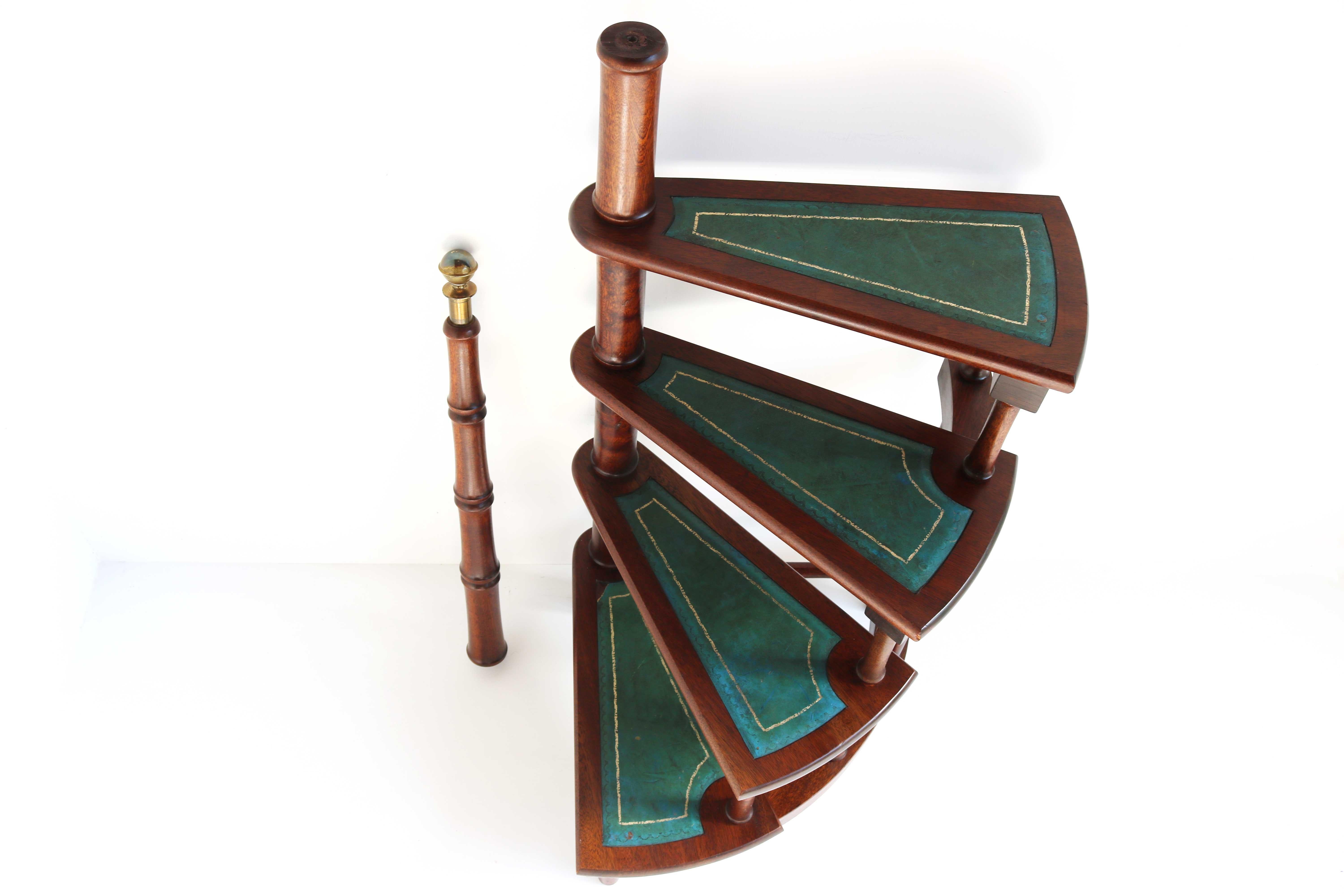 Big Library Stairs Mid-20th Century Library Steps Ladder Carved Wood Leather For Sale 8