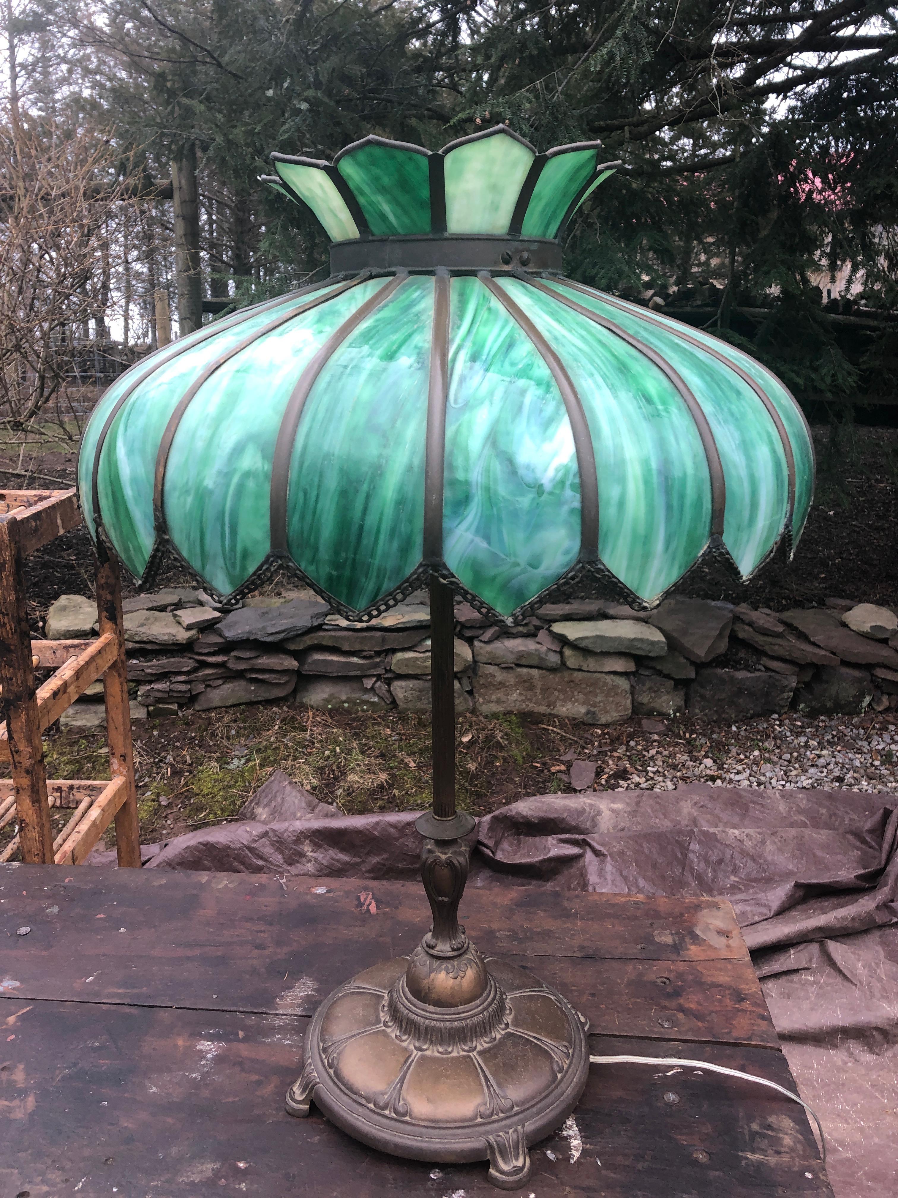 North American Big Luminous Green Leaded Glass and Brass Table Lamp