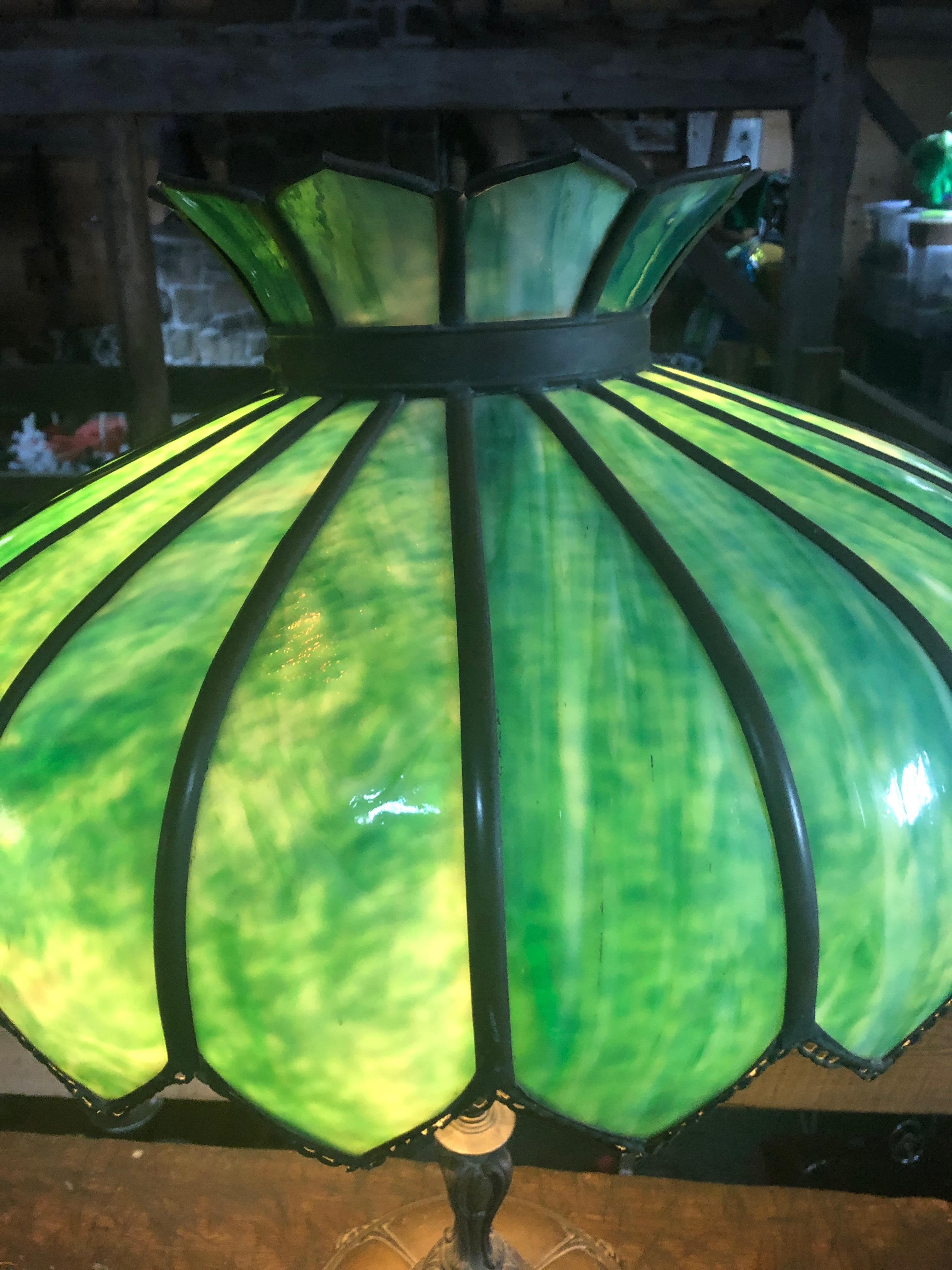 19th Century Big Luminous Green Leaded Glass and Brass Table Lamp
