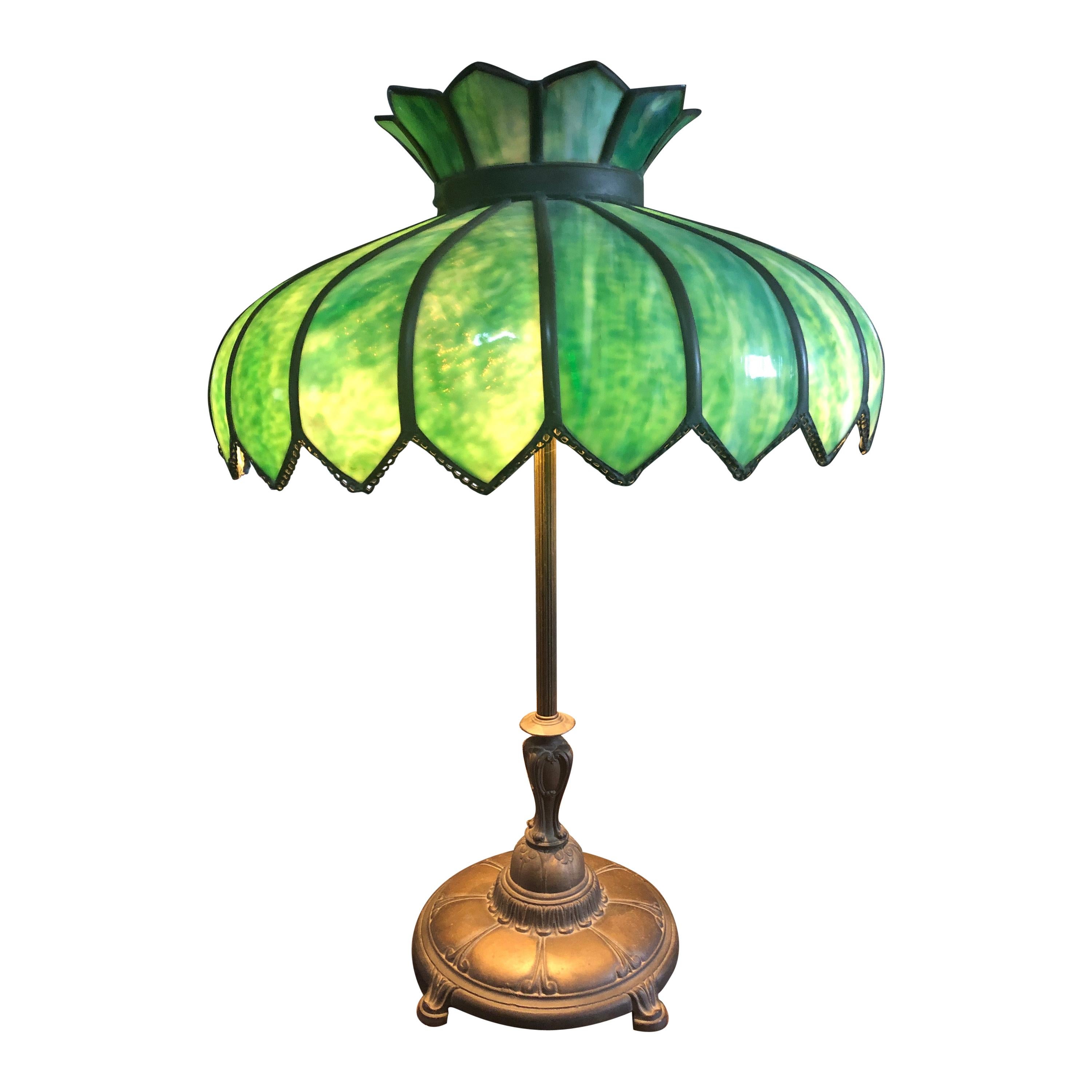 Big Luminous Green Leaded Glass and Brass Table Lamp