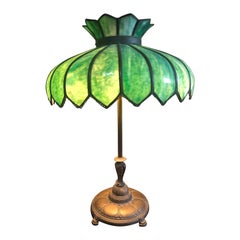 Antique Big Luminous Green Leaded Glass and Brass Table Lamp