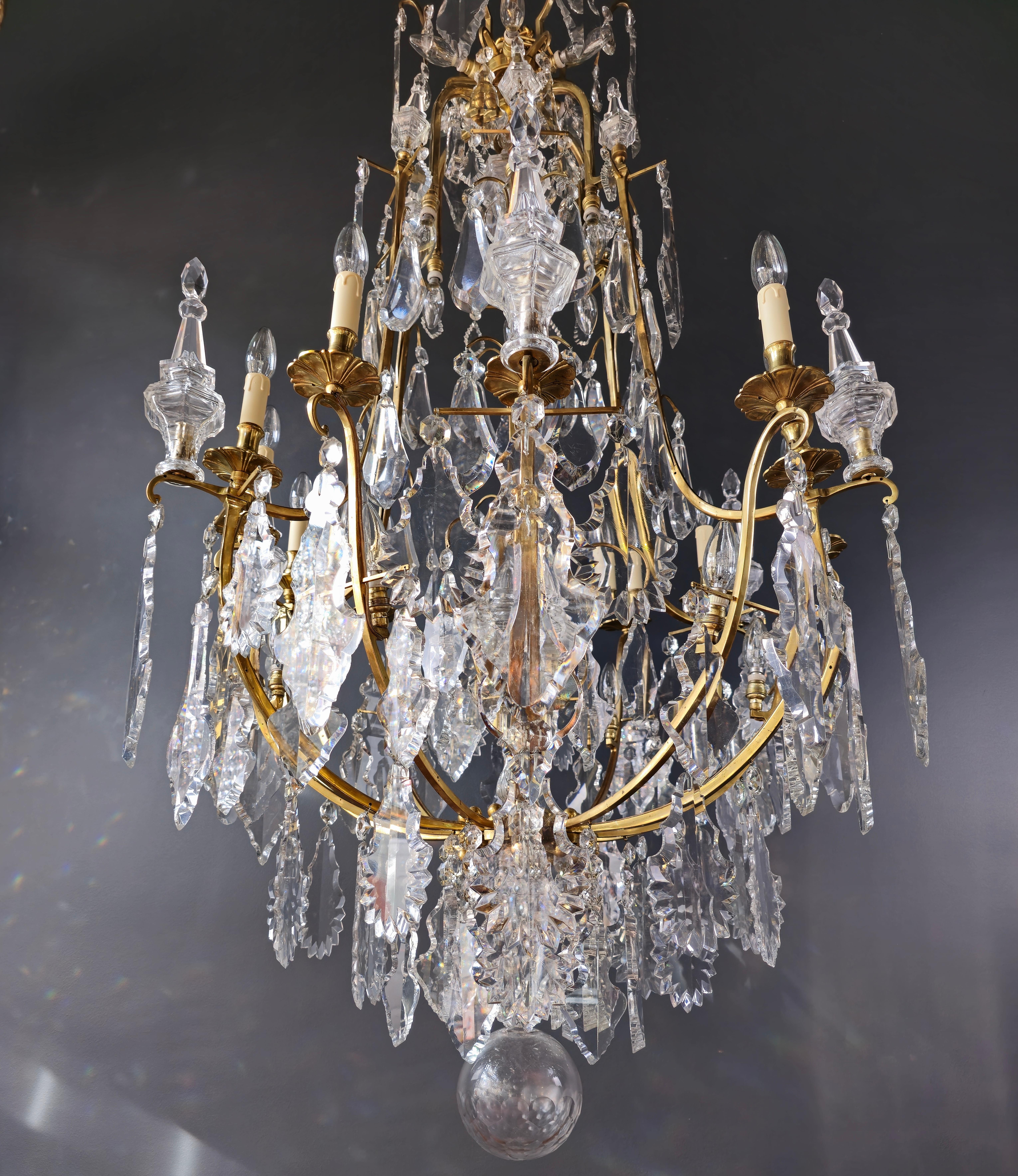 Aesthetic Movement Big Lustre A Cage Antique Chandelier Crystal Brass  For Sale