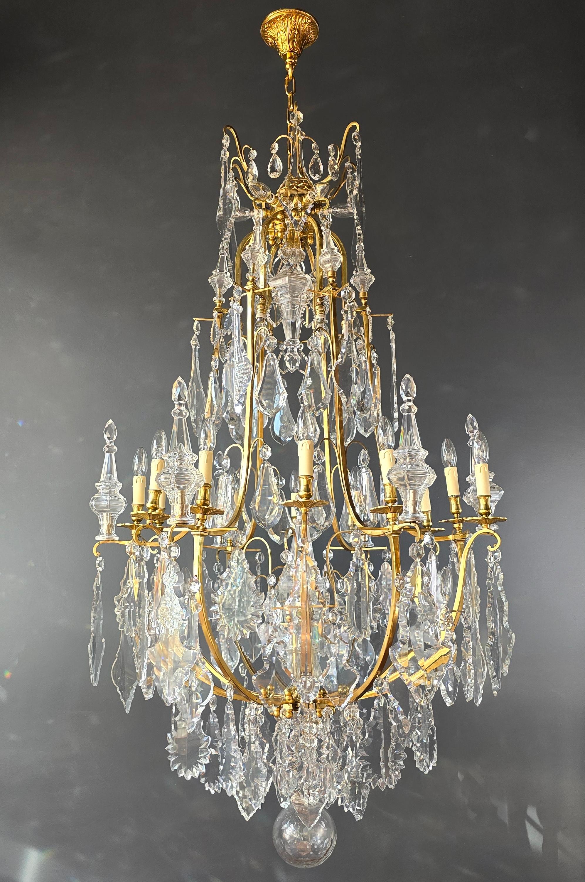 Hand-Knotted Big Lustre A Cage Antique Chandelier Crystal Brass  For Sale