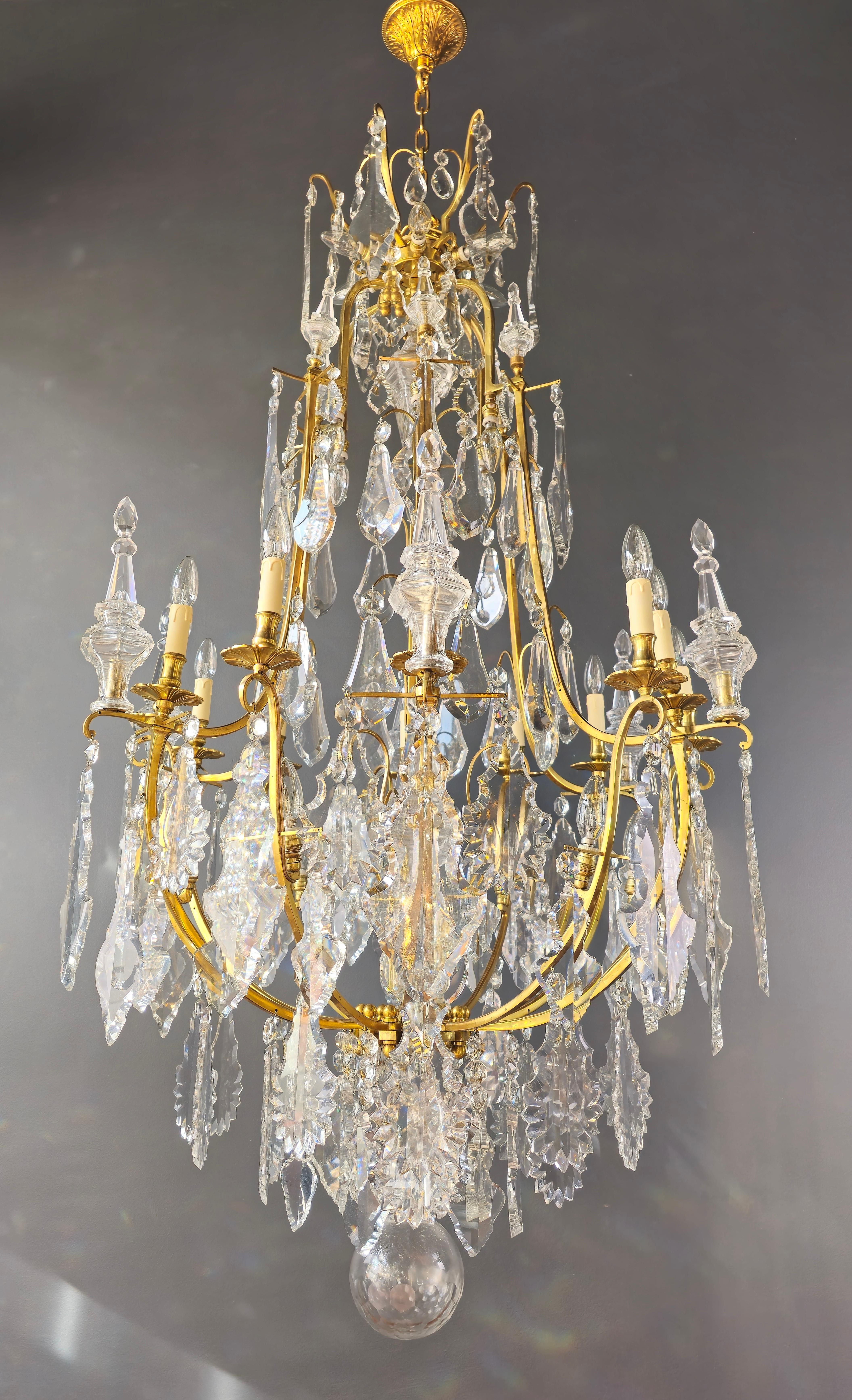 Late 19th Century Big Lustre A Cage Antique Chandelier Crystal Brass  For Sale
