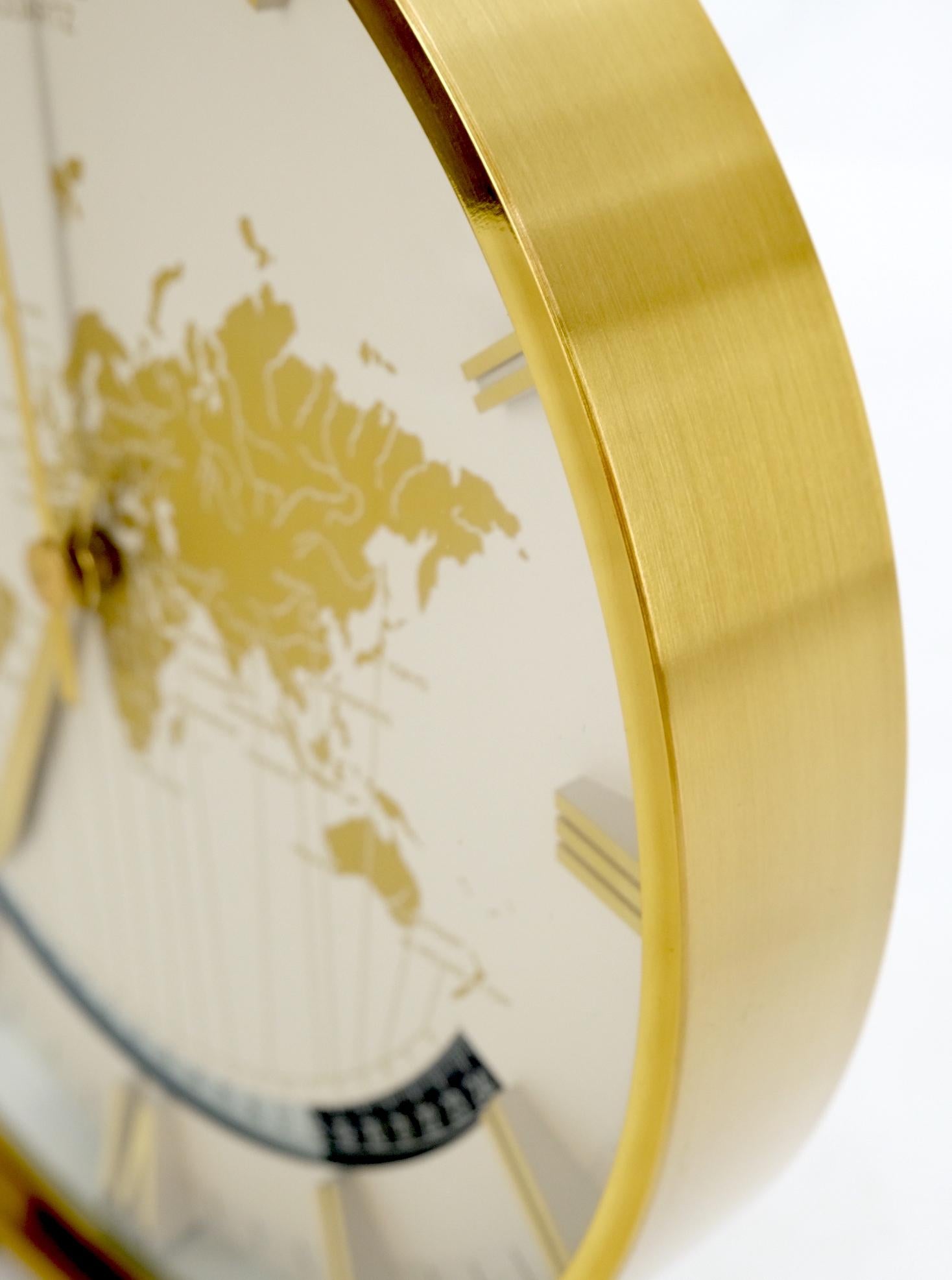 German Big Machined Brass Kienzle Modernist Table World Time Zone Clock 1960