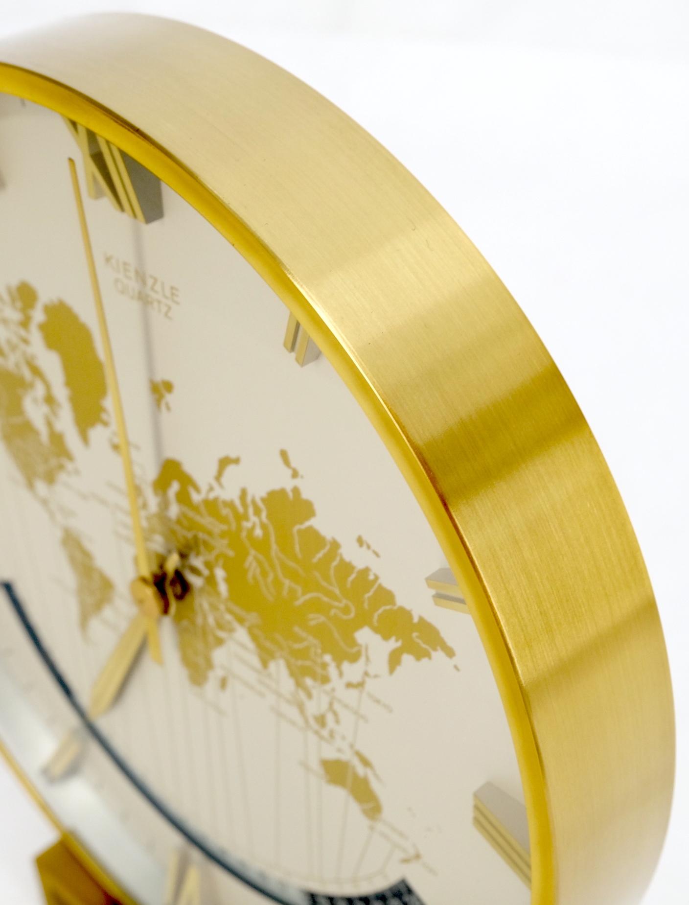 Big Machined Brass Kienzle Modernist Table World Time Zone Clock 1960 For Sale 1