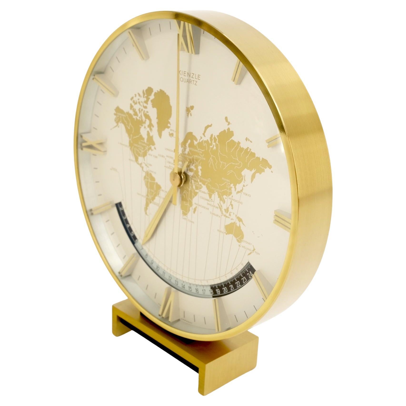 Big Machined Brass Kienzle Modernist Table World Time Zone Clock 1960 For Sale