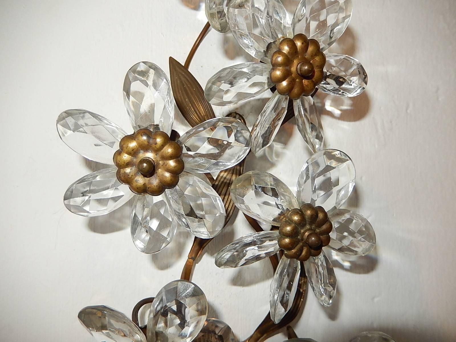 Early 20th Century Big Maison Bagues Style Crystal Flower Bronze Sconces