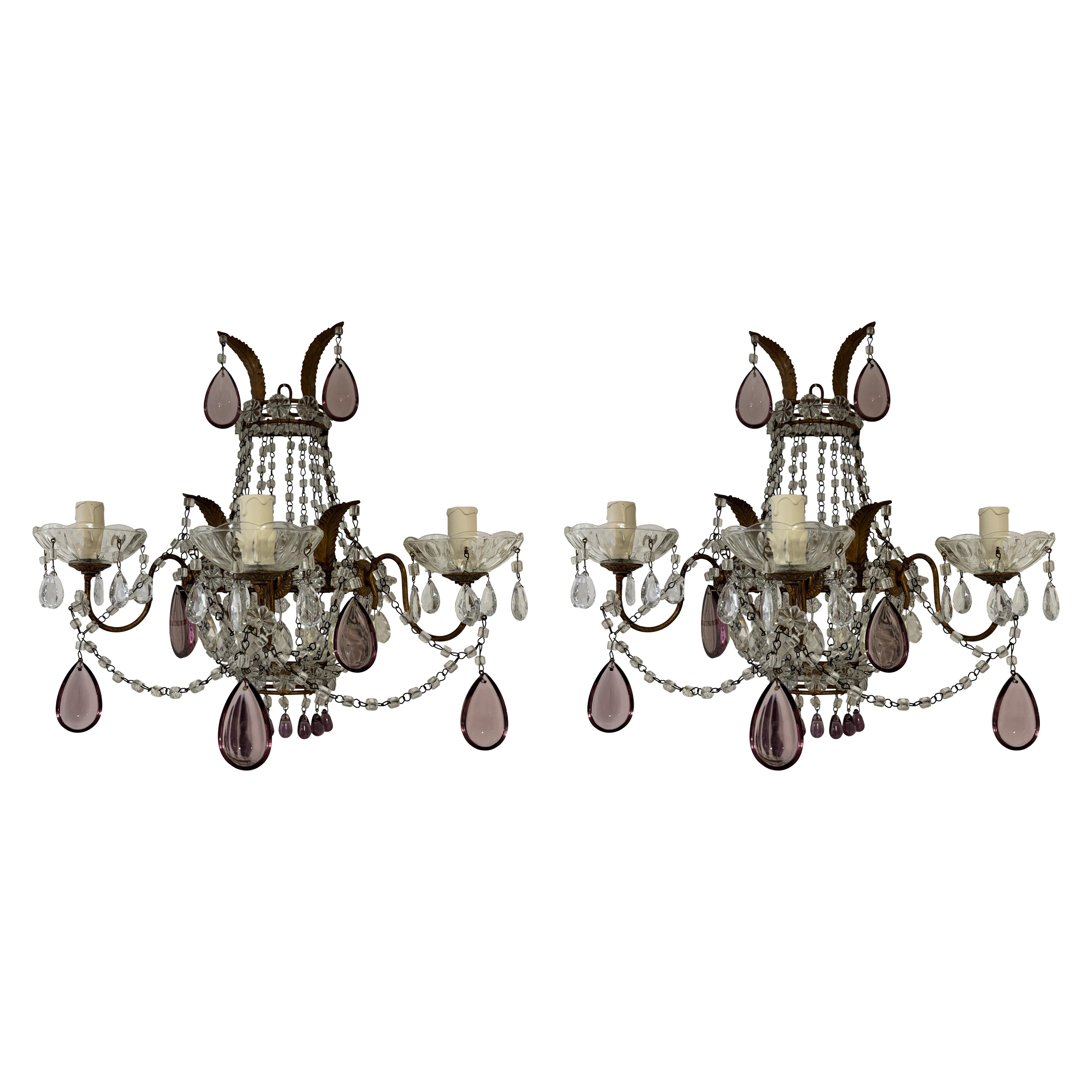 Big Maison Bagues Style French Amethyst Murano Drops Beads Sconces c 1920