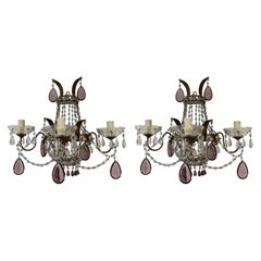 Big Maison Bagues Style French Amethyst Murano Drops Beads Sconces c 1920