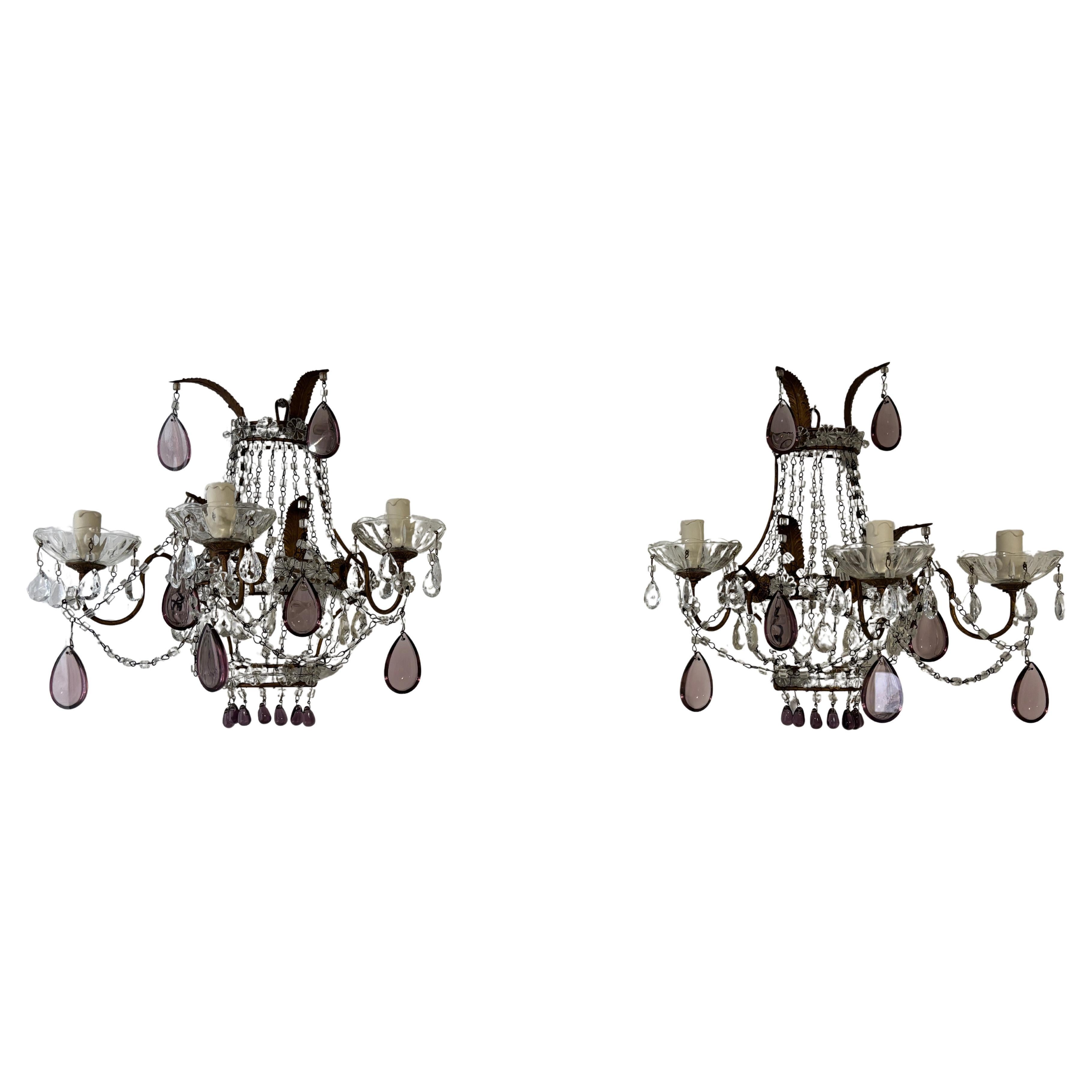 Große Maison Bagues Stil Französisch Amethyst Murano Tropfen Perlen Sconces c 1920