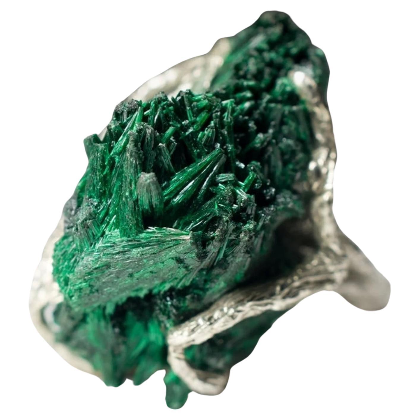 Big Malachite Crystals Silver Ring Statement Unisex Unusual Birthstone Jewelry For Sale 5
