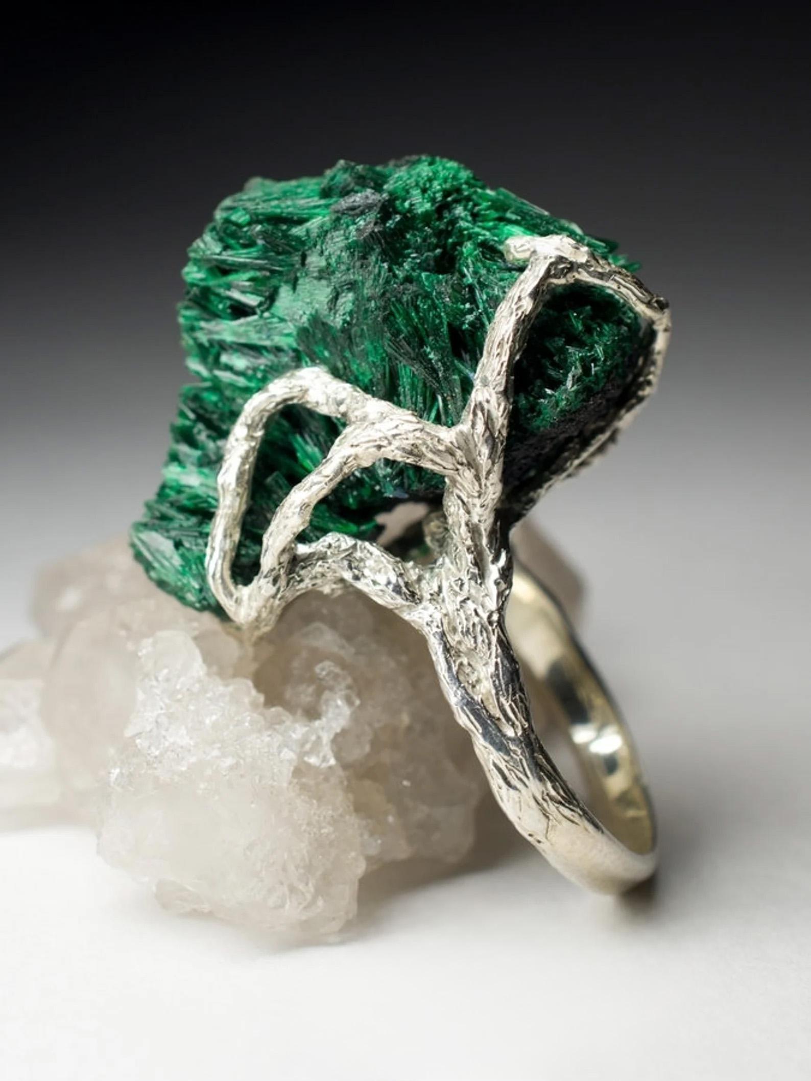 Artisan Big Malachite Crystals Silver Ring Statement Unisex Unusual Birthstone Jewelry For Sale