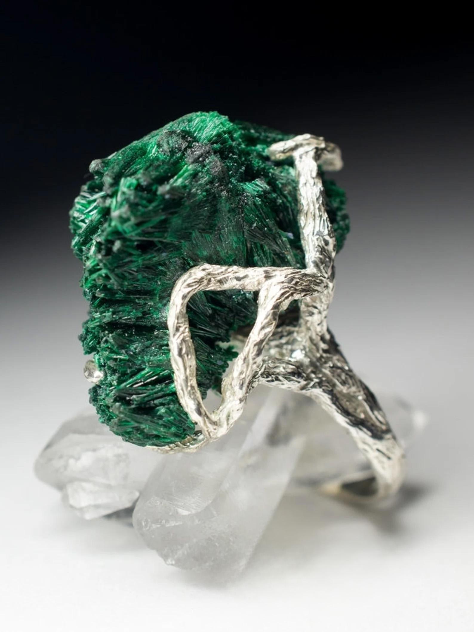 Uncut Big Malachite Crystals Silver Ring Statement Unisex Unusual Birthstone Jewelry For Sale