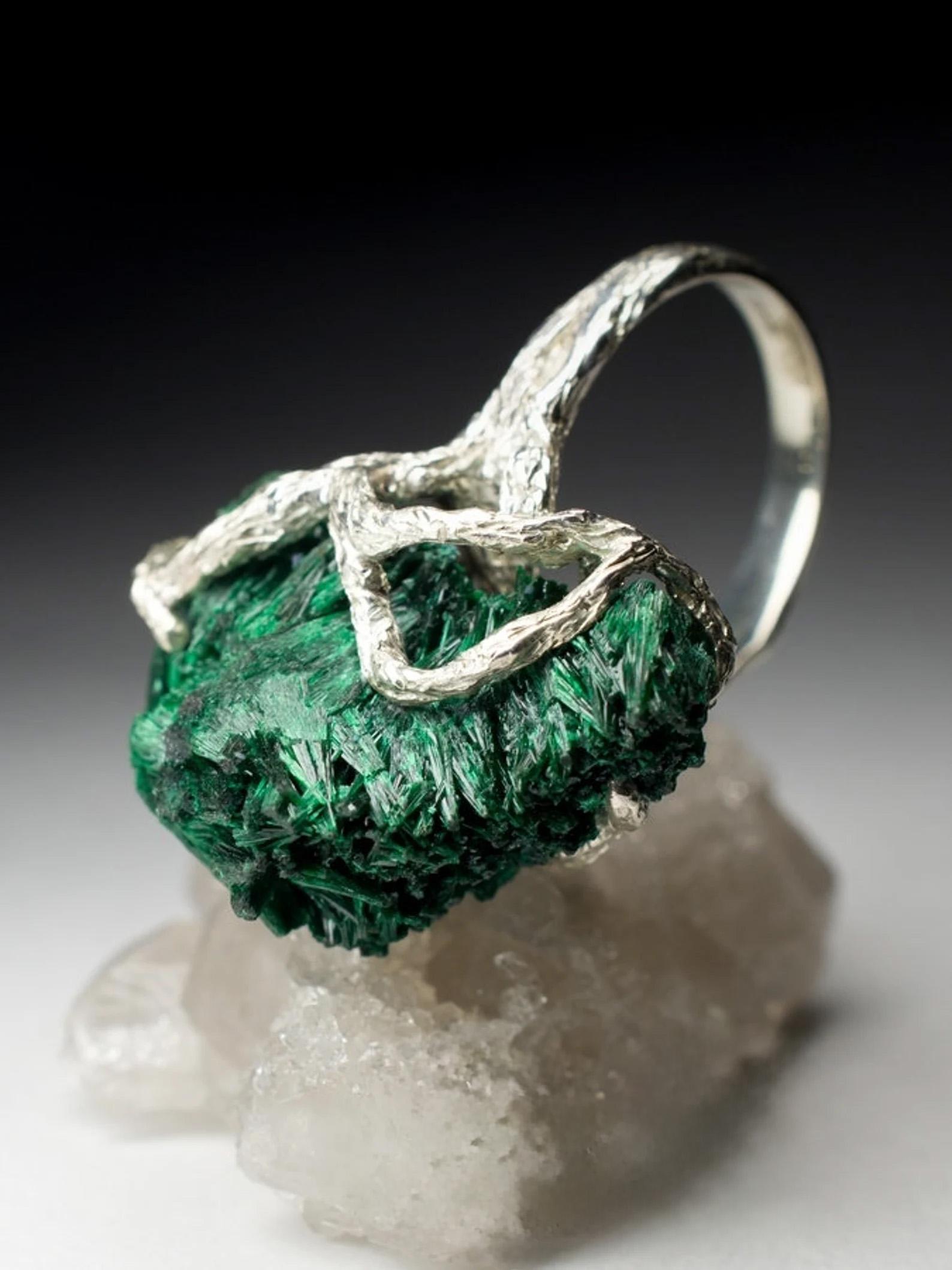 Big Malachite Crystals Silver Ring Statement Unisex Unusual Birthstone Jewelry For Sale 1