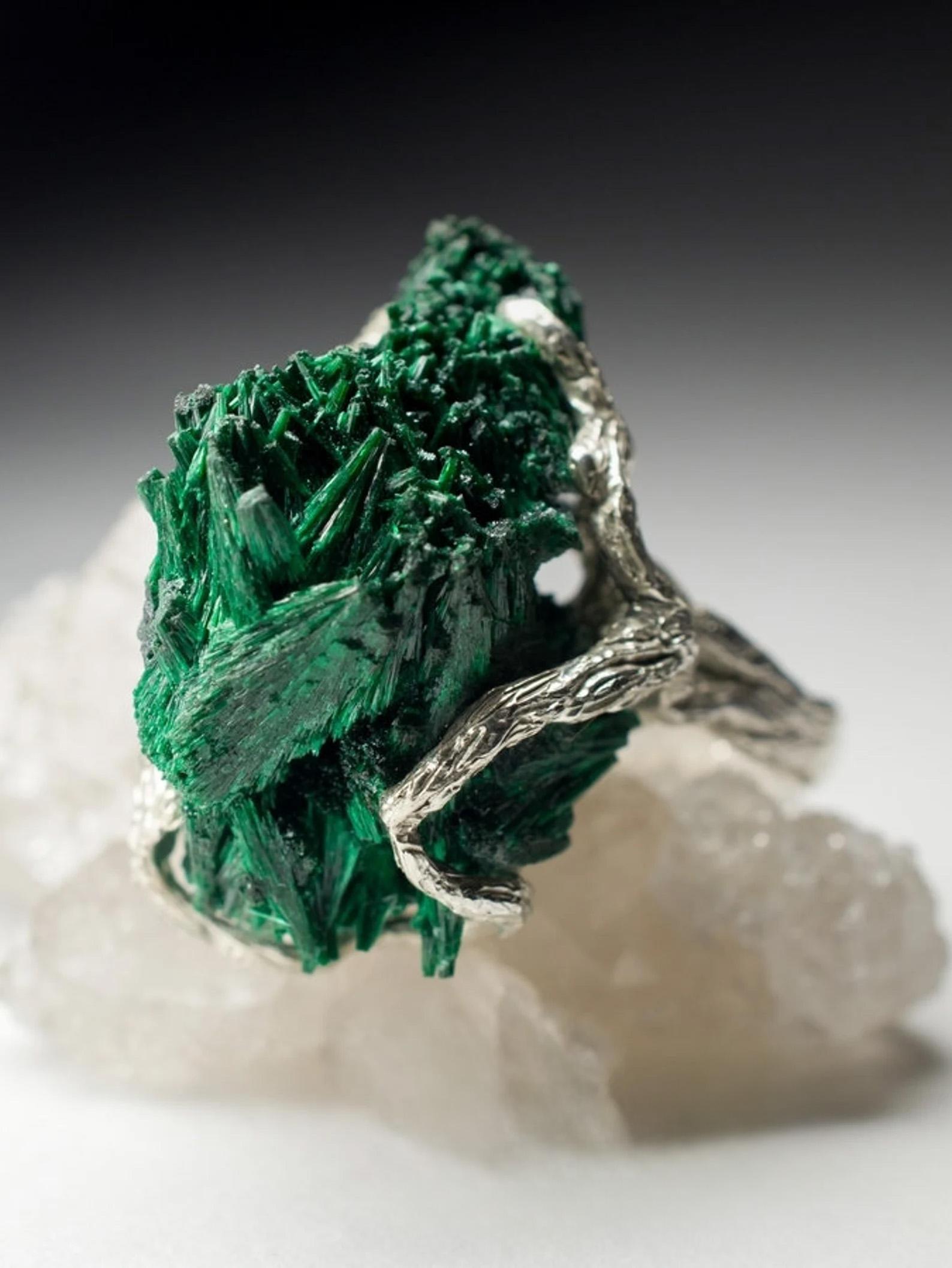 Big Malachite Crystals Silver Ring Statement Unisex Unusual Birthstone Jewelry For Sale 2