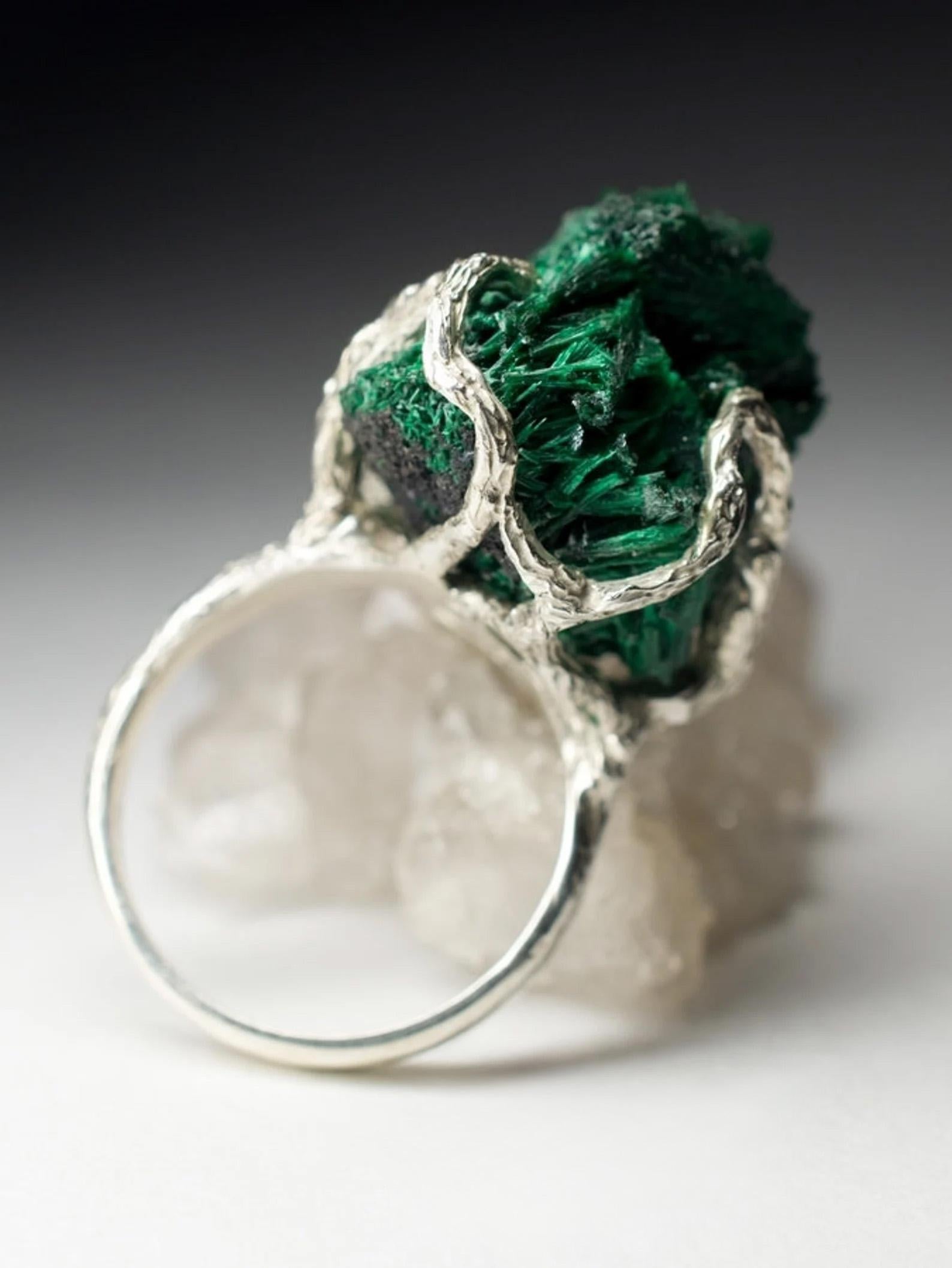 Big Malachite Crystals Silver Ring Statement Unisex Unusual Birthstone Jewelry For Sale 3