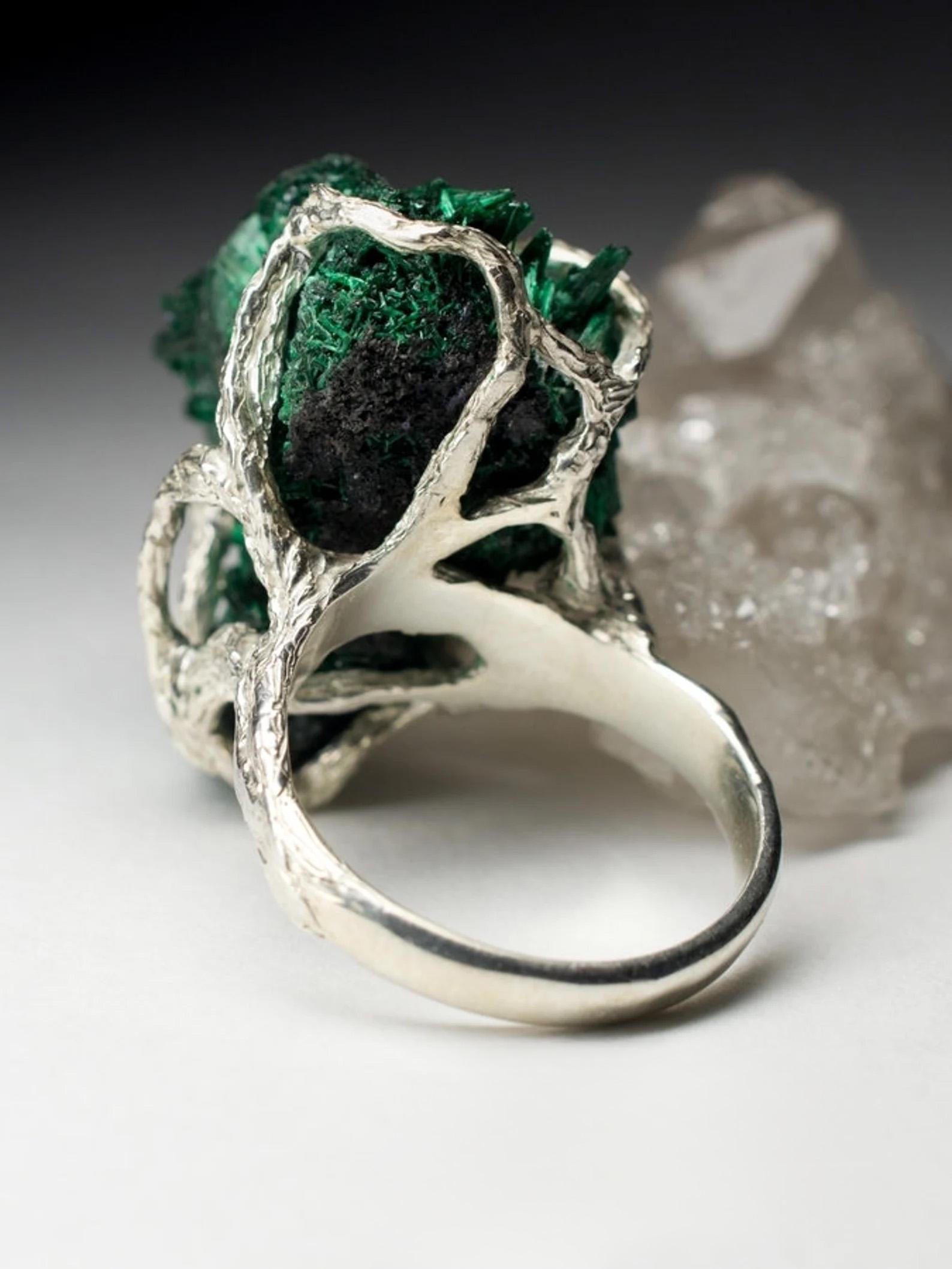 Big Malachite Crystals Silver Ring Statement Unisex Unusual Birthstone Jewelry For Sale 4