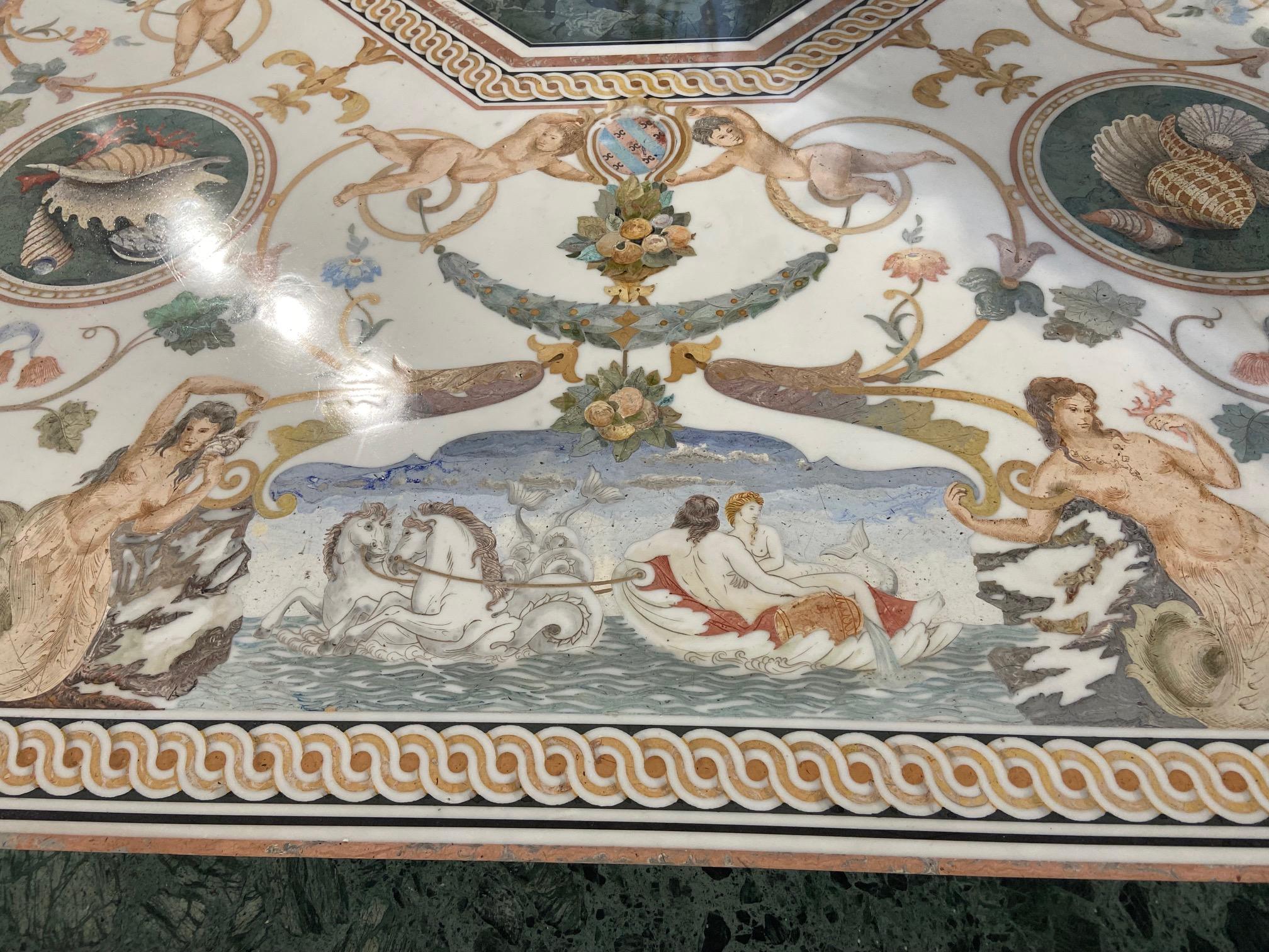 Tavolo grande in marmo con piano intarsiato e base in legno intagliato, realizzato a mano in Italia da Bigli in vendita 2