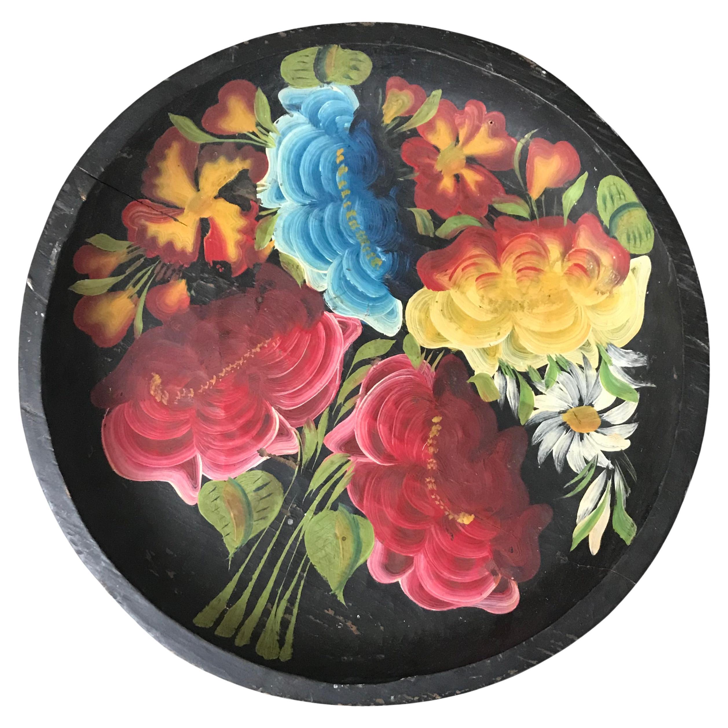 Big Mexican Wooden Plate with Hand-Painted Floral Design #1 For Sale