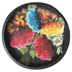 Big Mexican Wooden Plate with Hand-Painted Floral Design #1