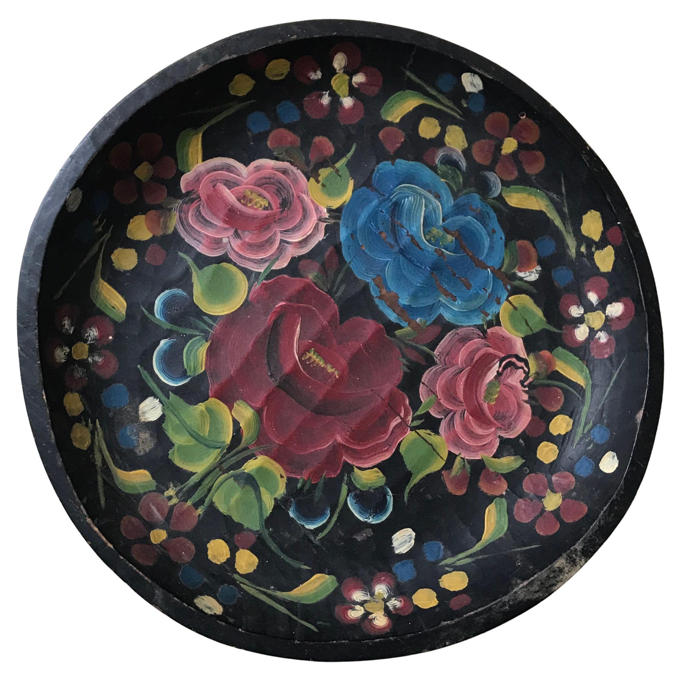 Big Mexican Wooden Plate with Hand-Painted Floral Design #2