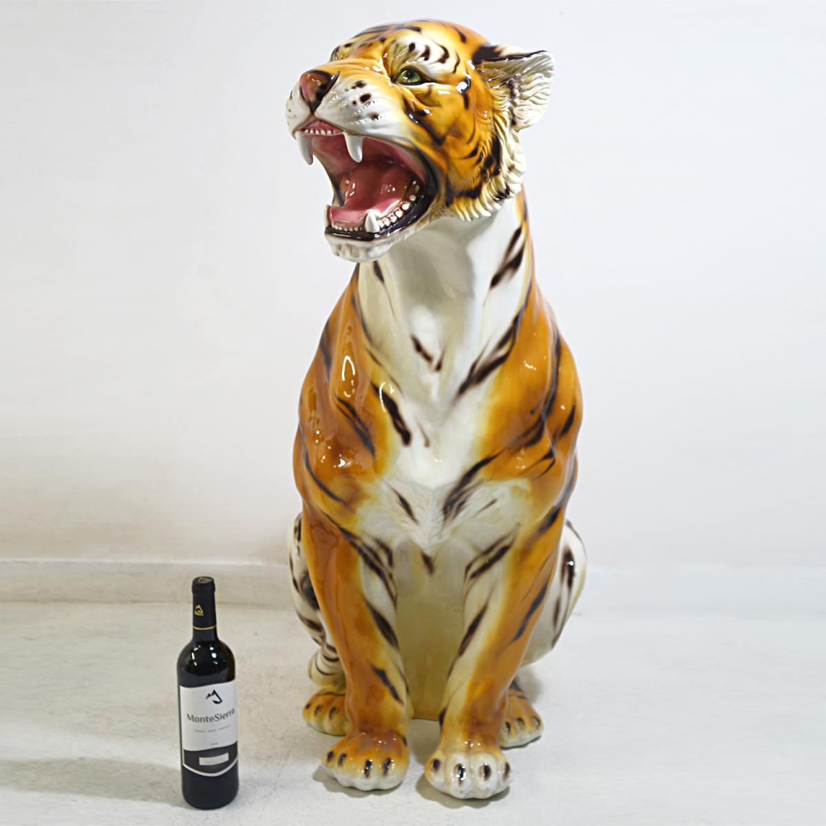 Late 20th Century Big Mid-Century Modern Ceramic Tiger in the Style of Ronzan Marked Made in Italy