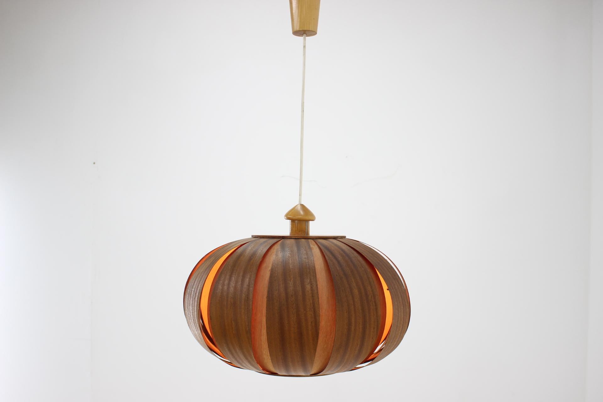 Big Midcentury Wooden Veneer Pendant by ÚLUV, 1960s For Sale 3