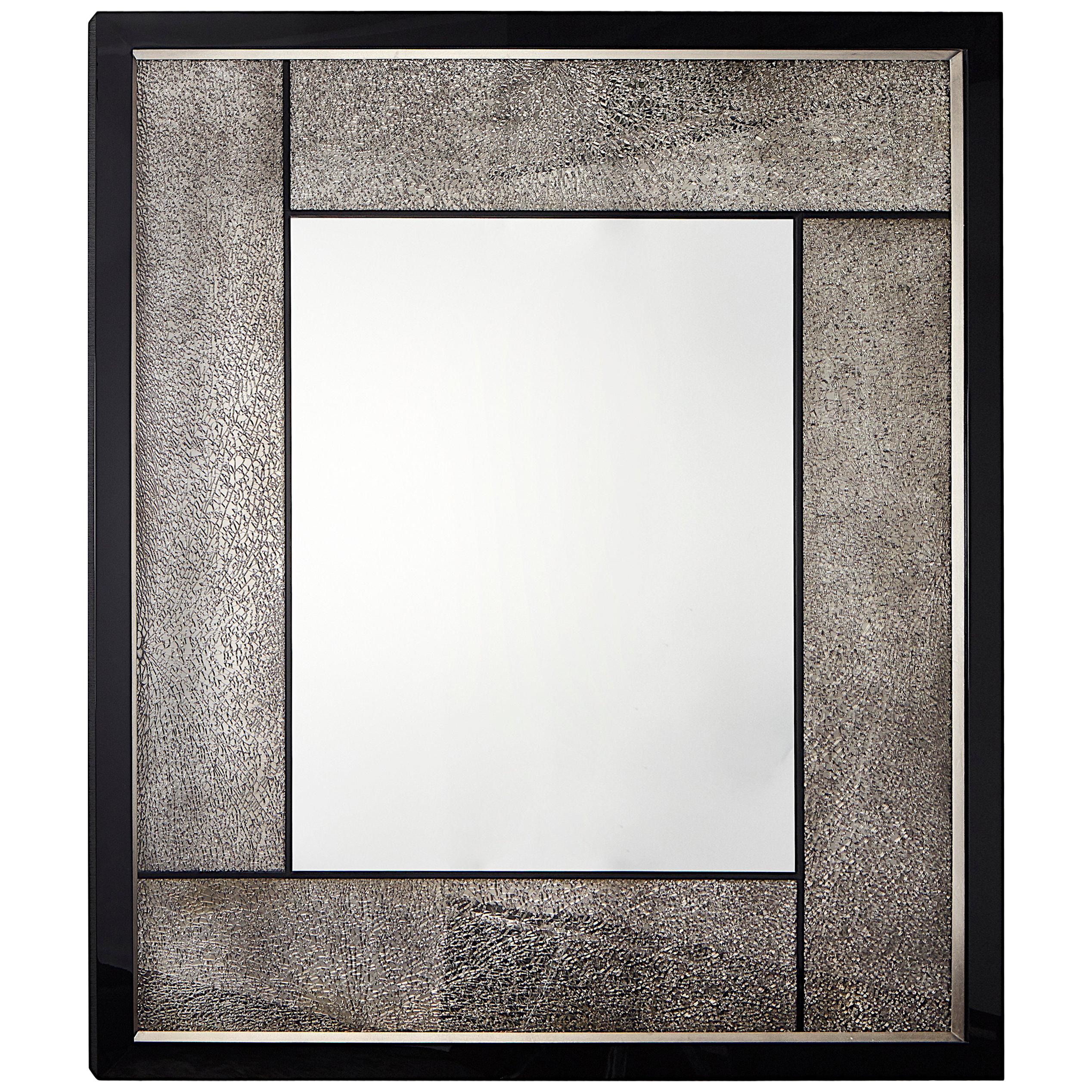 Big Mirror with Cracked Glass and Piano Black/Silver Leaf Frame, Customizable For Sale