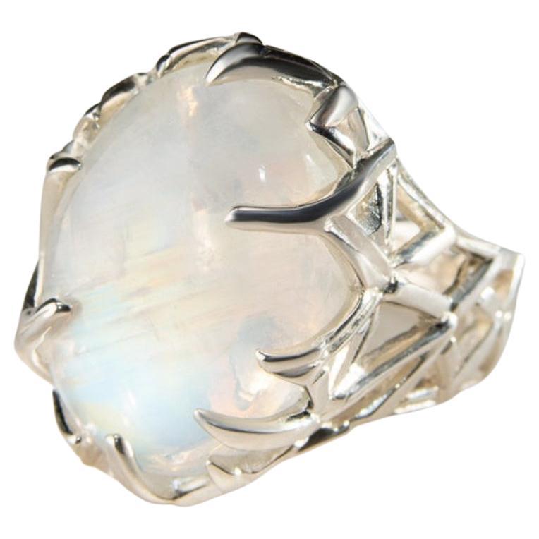 Big Moonstone Adularia Ring Natural Cabochon Clear Gem Unisex For Sale 4