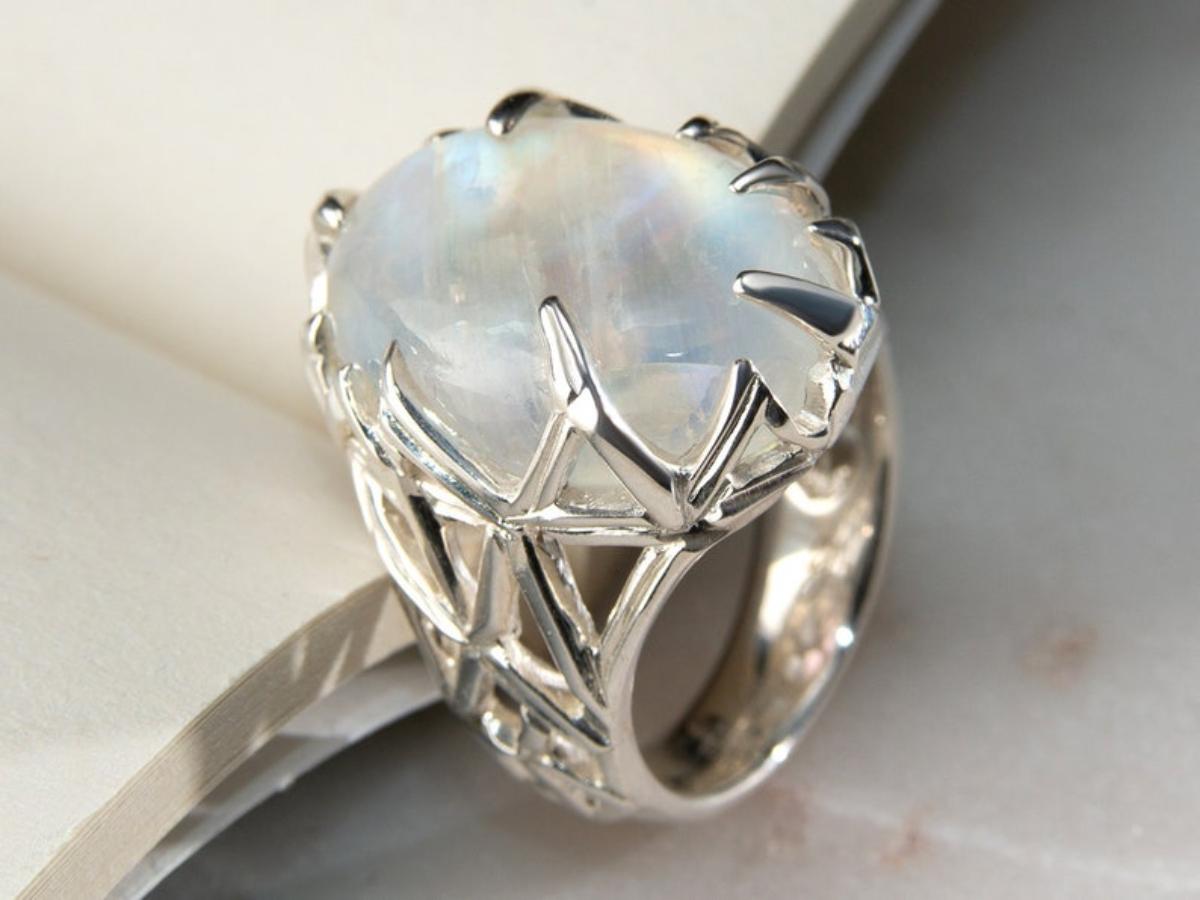 Artisan Big Moonstone Adularia Ring Natural Cabochon Clear Gem Unisex For Sale
