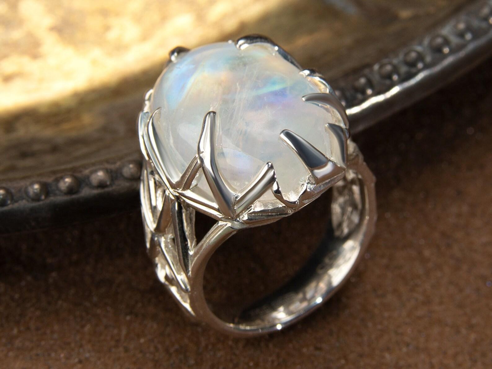 Artisan Big Moonstone Adularia Silver Ring Cabochon Translucent Pearly White Clear Stone For Sale