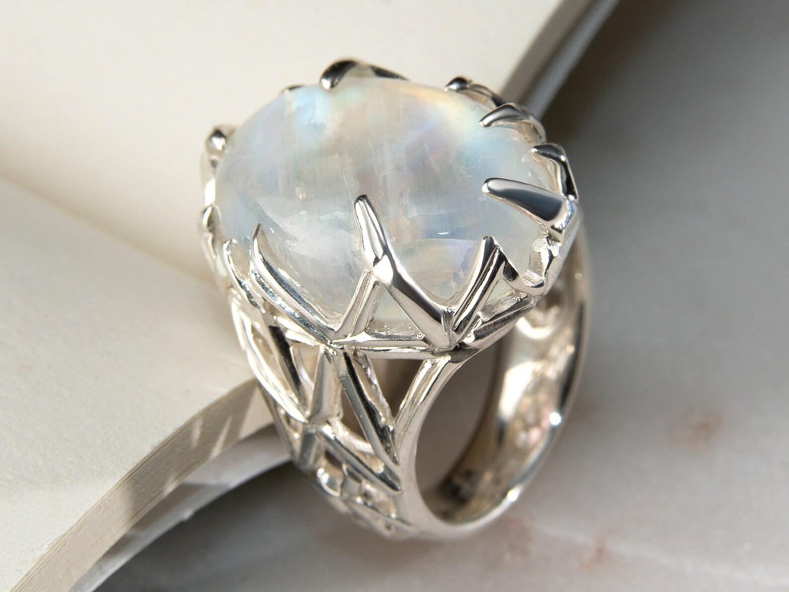 Women's or Men's Big Moonstone Adularia Silver Ring Cabochon Translucent Pearly White Clear Stone For Sale