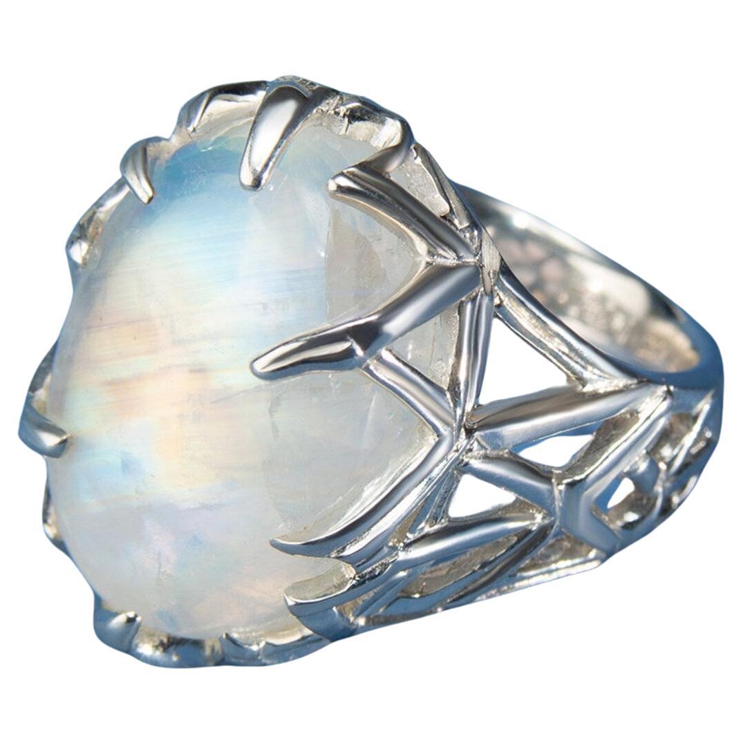 Big Moonstone Adularia Silver Ring Cabochon Translucent Pearly White Clear Stone For Sale