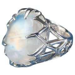 Big Moonstone Adularia Silver Ring Cabochon Translucent Pearly White Clear Stone