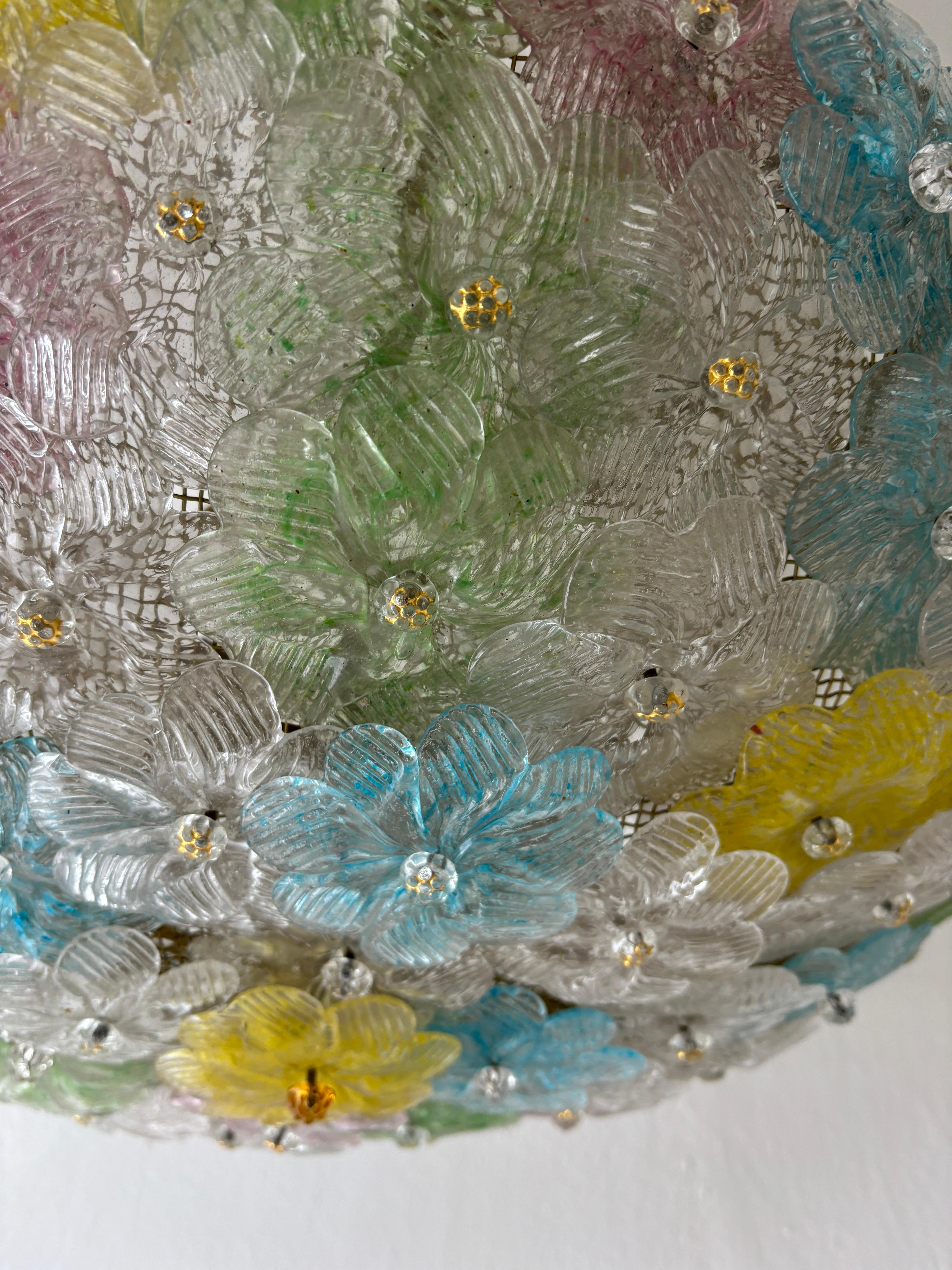 Murano Glass Big Multicolor Barovier & Toso Midcentury Murano Flowers Flush Mount Chandelier 