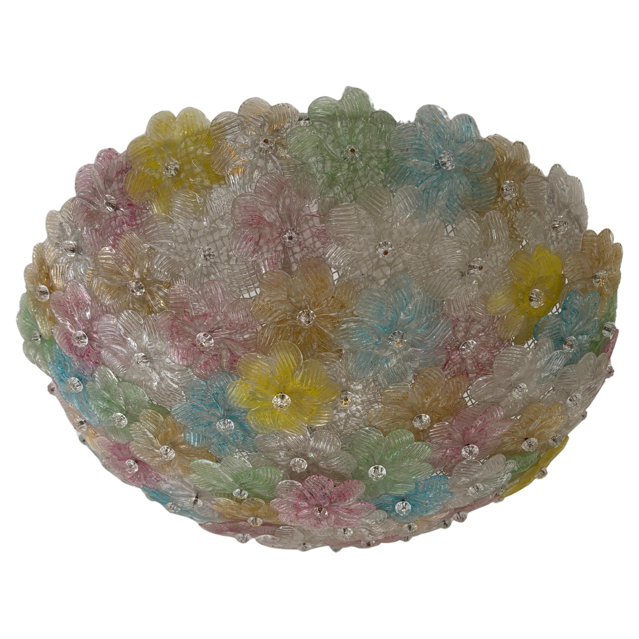 Big Multicolor Barovier & Toso Midcentury Murano Flowers Flush Mount Chandelier
