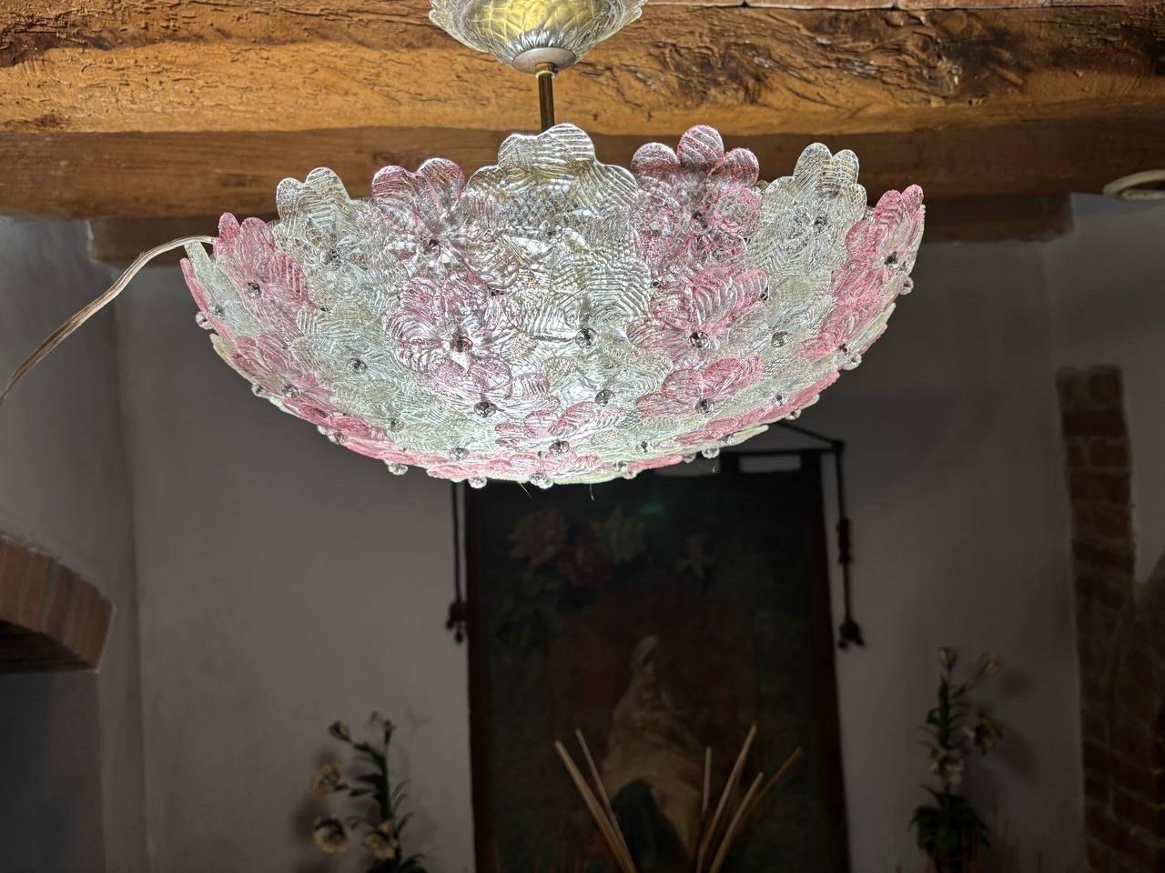 Big Multicolor Barovier & Toso Murano Pink Flowers RARE Glass Canopy Chandelier For Sale 4