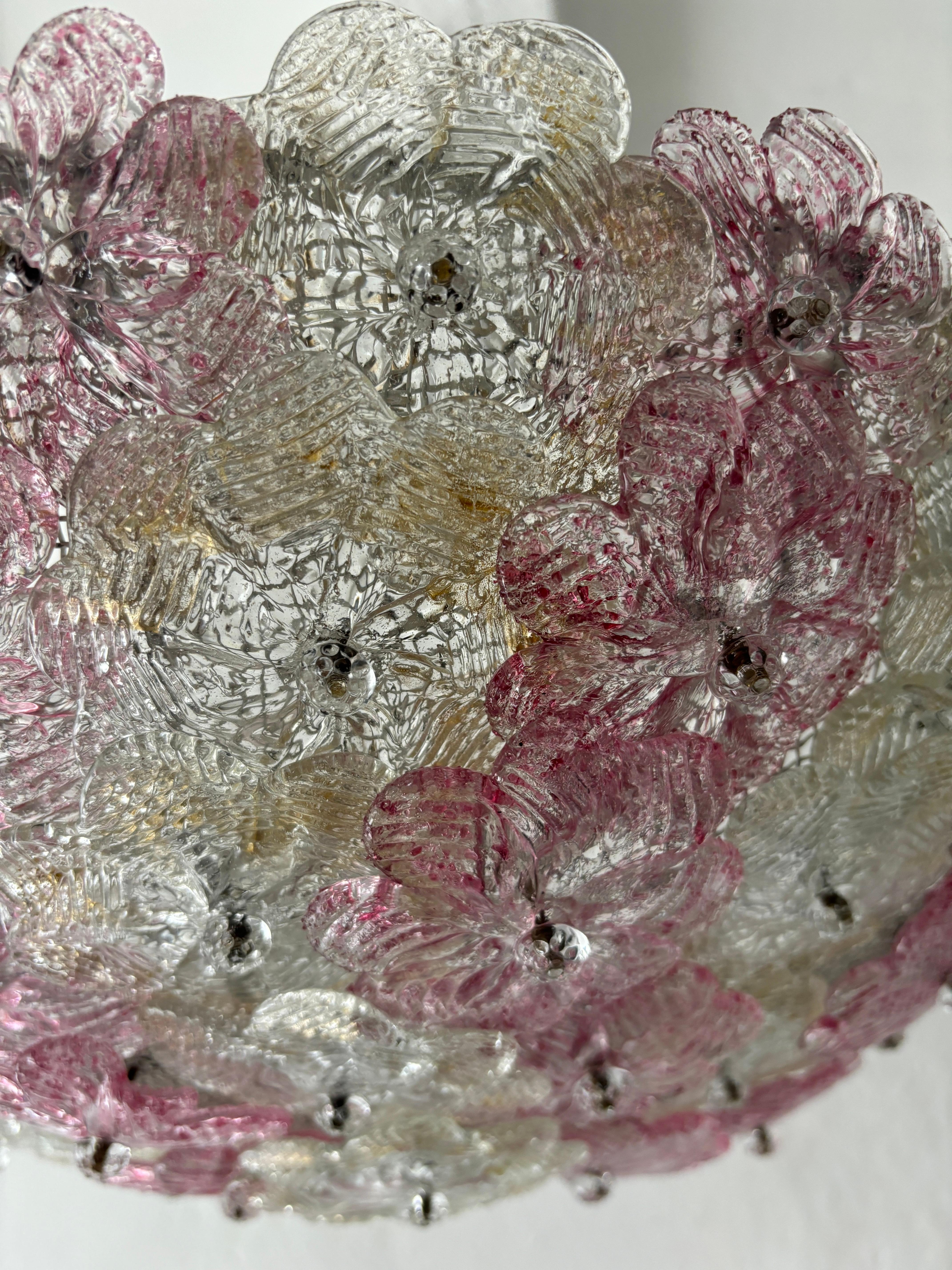 Mid-Century Modern Big Multicolor Barovier & Toso Murano Pink Flowers RARE Glass Canopy Chandelier For Sale