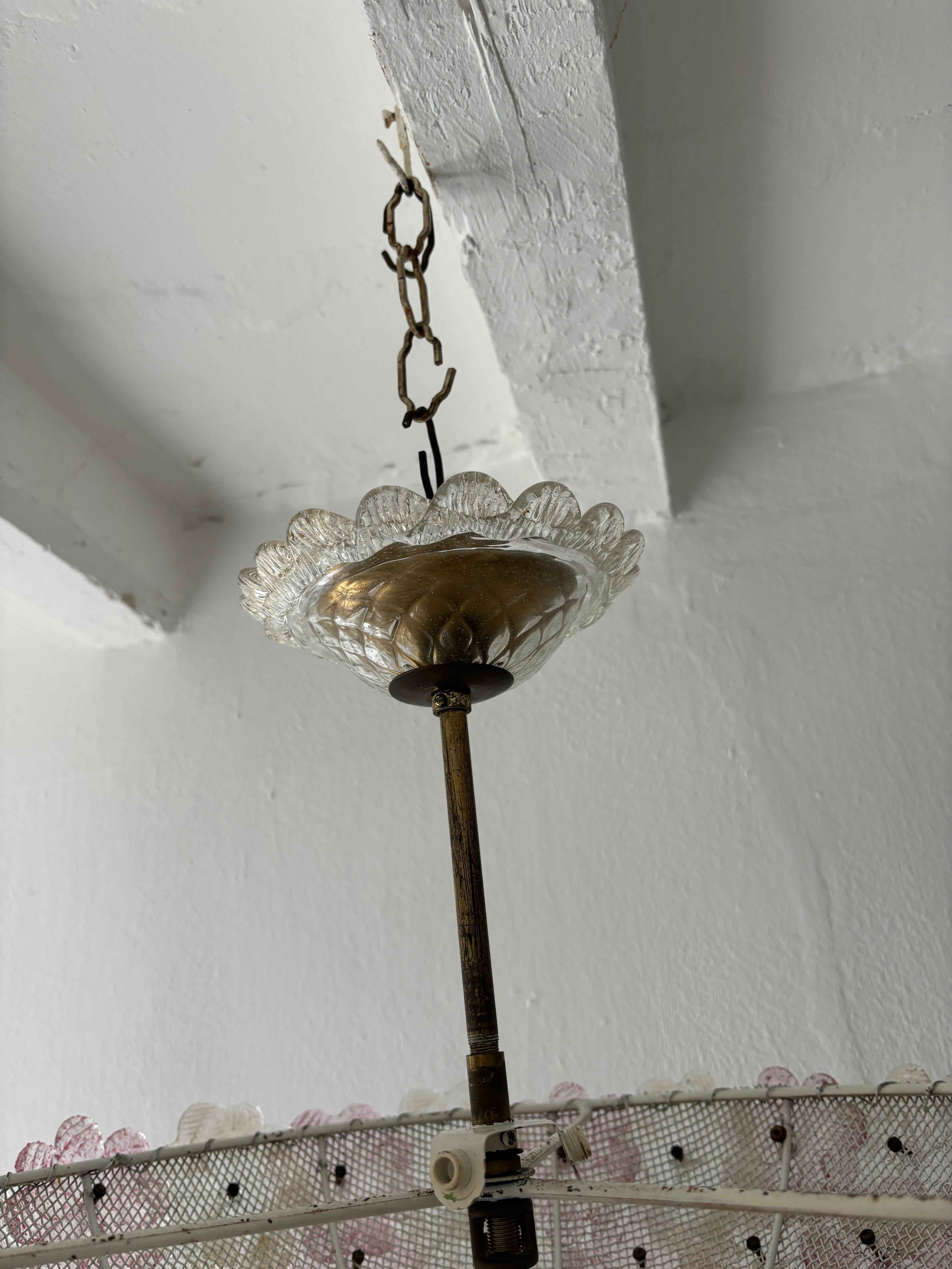 Italian Big Multicolor Barovier & Toso Murano Pink Flowers RARE Glass Canopy Chandelier For Sale