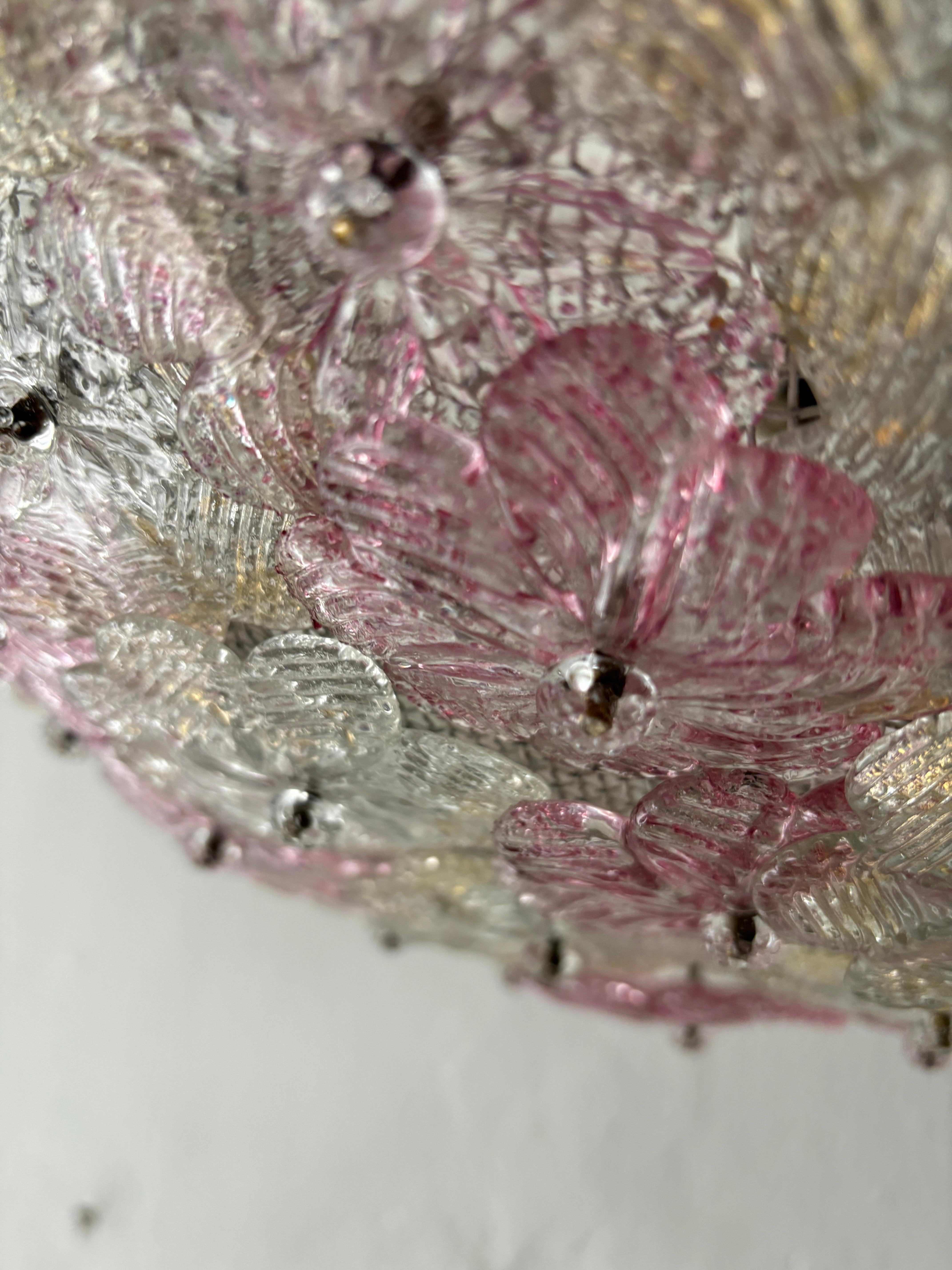 Murano Glass Big Multicolor Barovier & Toso Murano Pink Flowers RARE Glass Canopy Chandelier For Sale