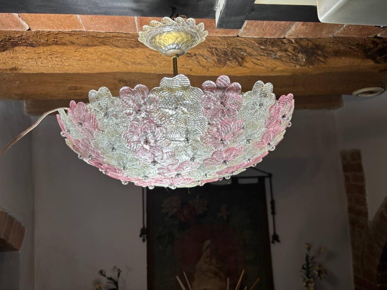 Big Multicolor Barovier & Toso Murano Pink Flowers RARE Glass Canopy Chandelier For Sale 1