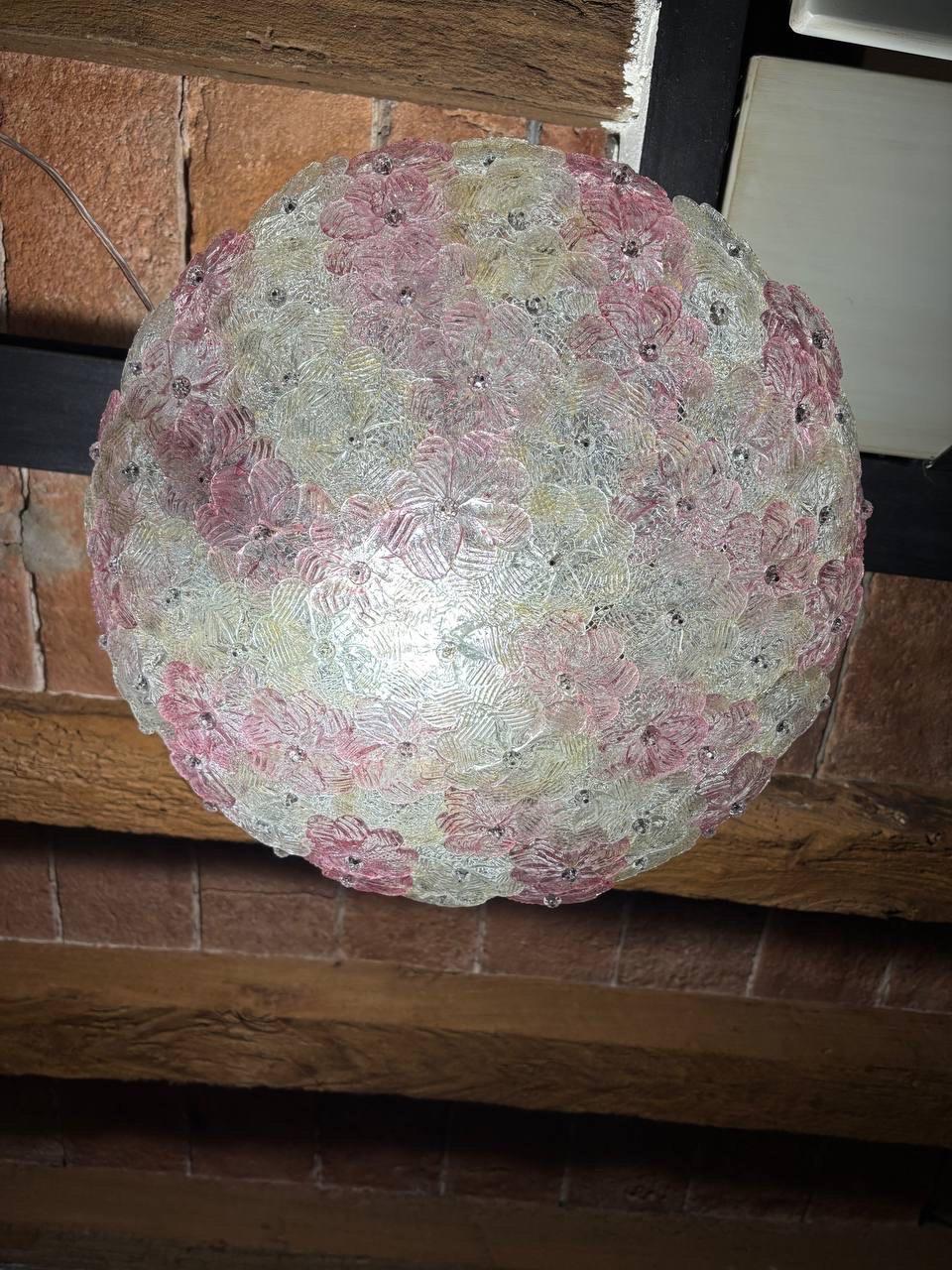 Big Multicolor Barovier & Toso Murano Pink Flowers RARE Glass Canopy Chandelier For Sale 2
