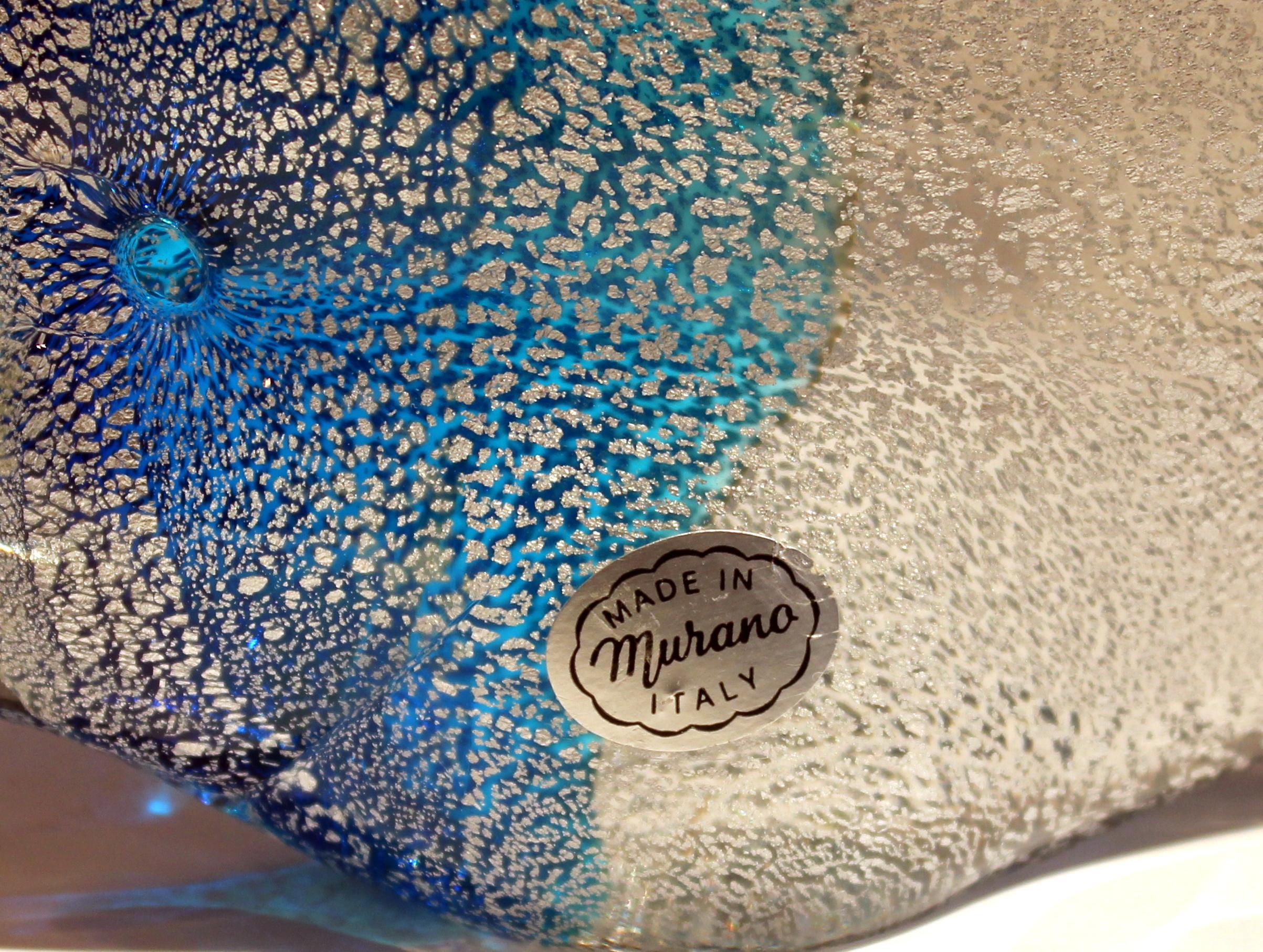 Mid-Century Modern Big Murano Glass Fish Silver Leaf Infused MCM Italian Blue Vintage Label Figure
