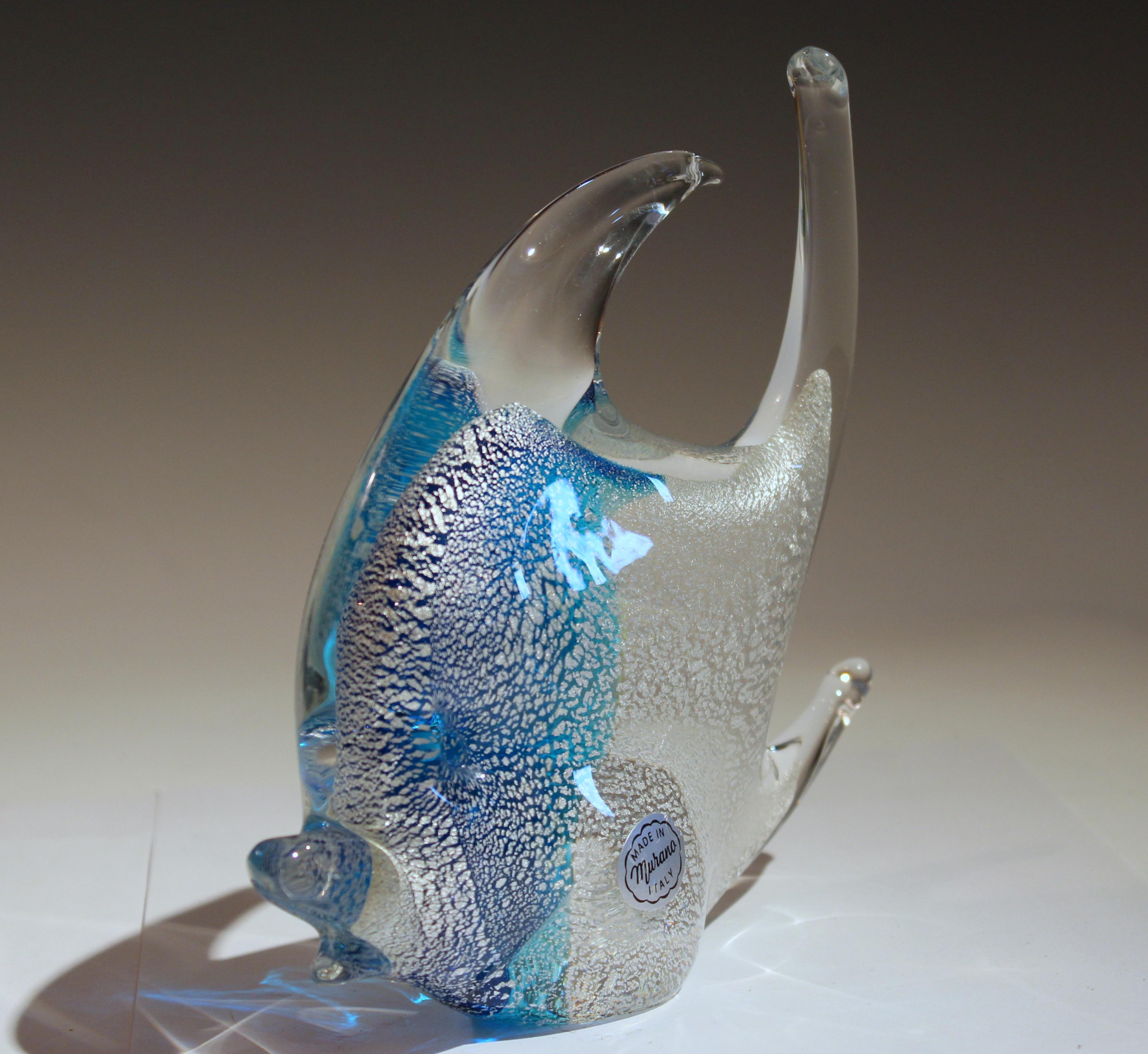 Forged Big Murano Glass Fish Silver Leaf Infused MCM Italian Blue Vintage Label Figure