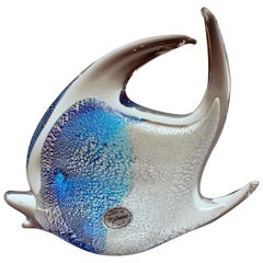 Big Murano Glass Fish Silver Leaf Infused MCM Italian Blue Vintage Label Figure