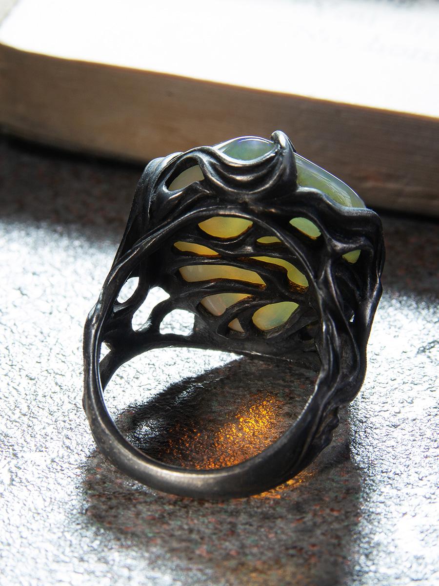 Large Neon Opal Ring in Patinated Silver Art Nouveau Style Magic  For Sale 3