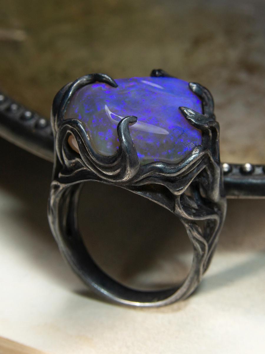 Artisan Large Neon Opal Ring in Patinated Silver Art Nouveau Style Magic  For Sale