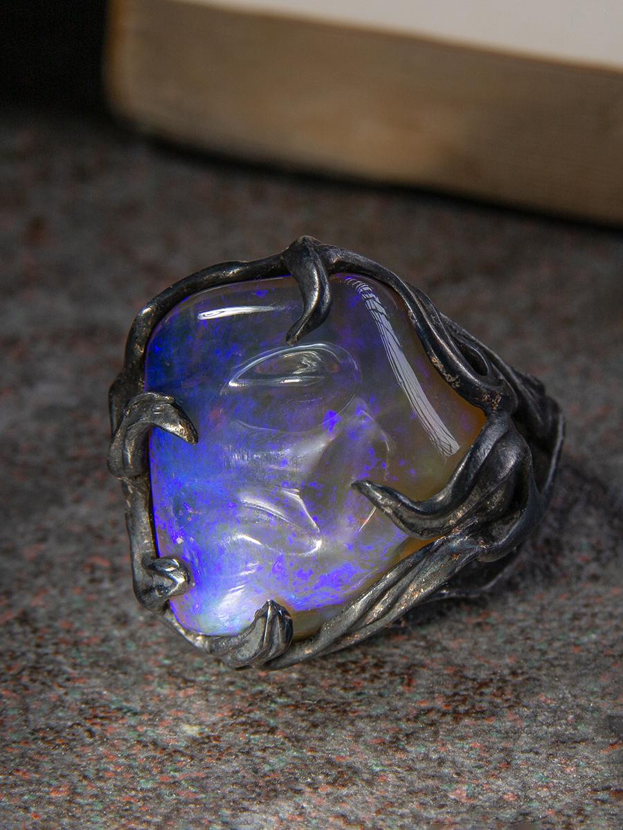 Uncut Large Neon Opal Ring in Patinated Silver Art Nouveau Style Magic  For Sale